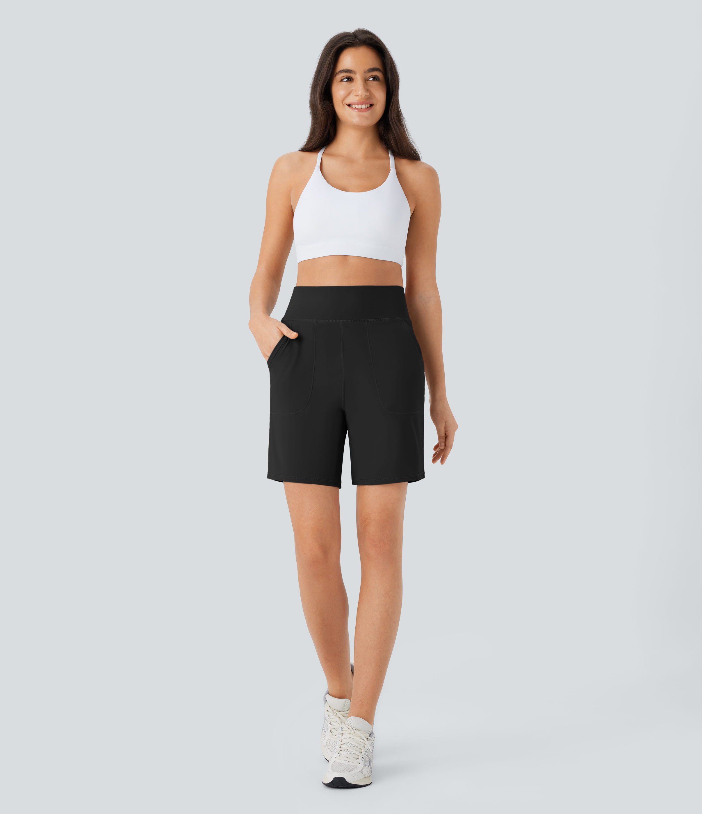Halara Softlyzeroв„ў Airy High Waisted Multiple Pockets Cool Touch Yoga Shorts 7``-UPF50+ Gym Short - Black - M booty shorts compression shorts 