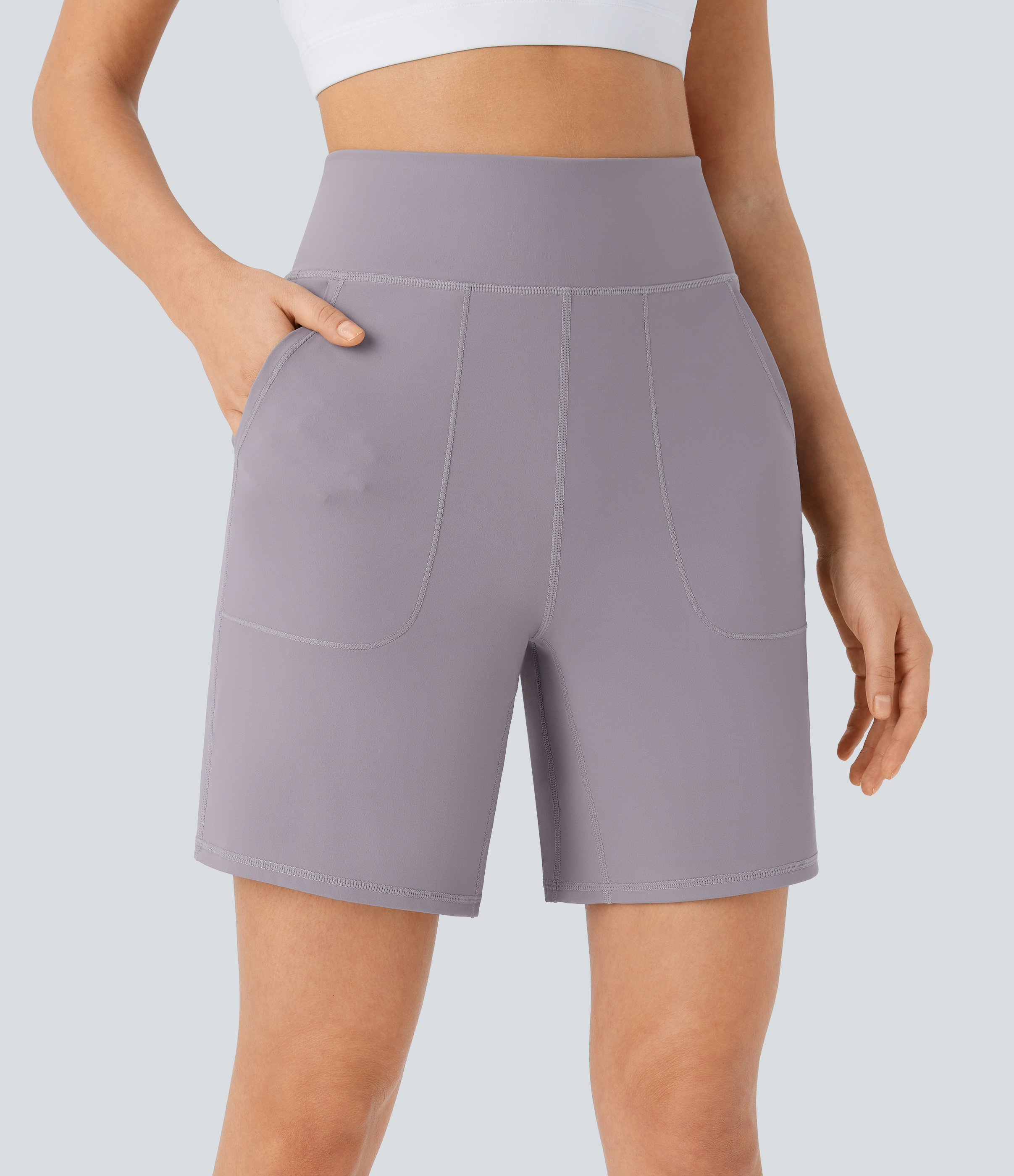 Halara Softlyzeroв„ў Airy High Waisted Multiple Pockets Cool Touch Yoga Shorts 7``-UPF50+ Gym Short - Gull - S booty shorts compression shorts 