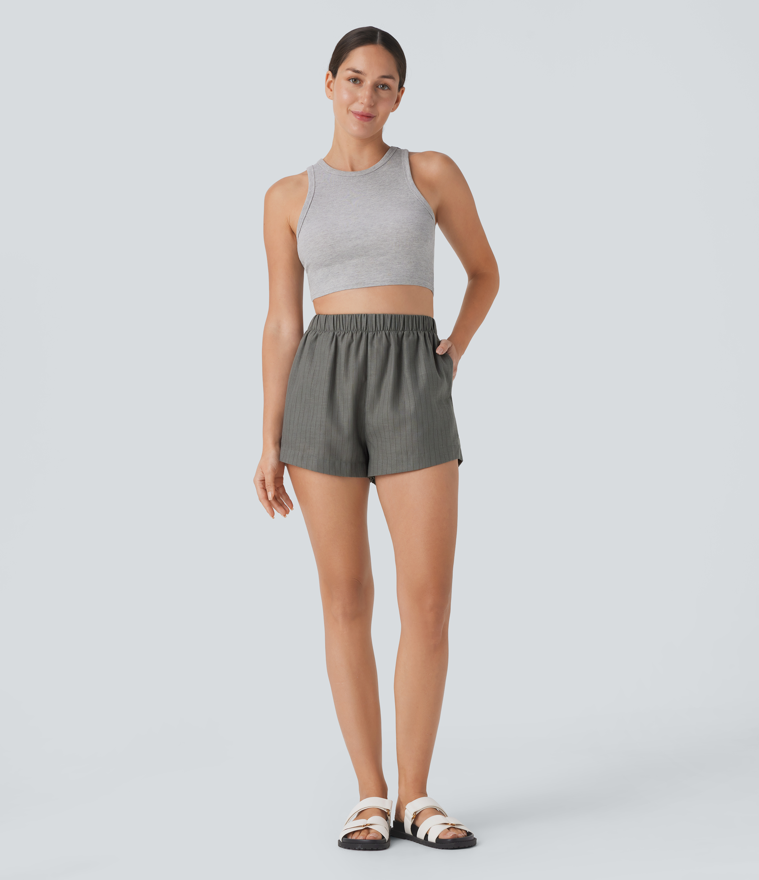 Halara High Waisted Side Pocket Split Stripe Resort Linen-Feel Shorts  - Heather Gray Pinstripe - XS booty shorts compression shorts 
