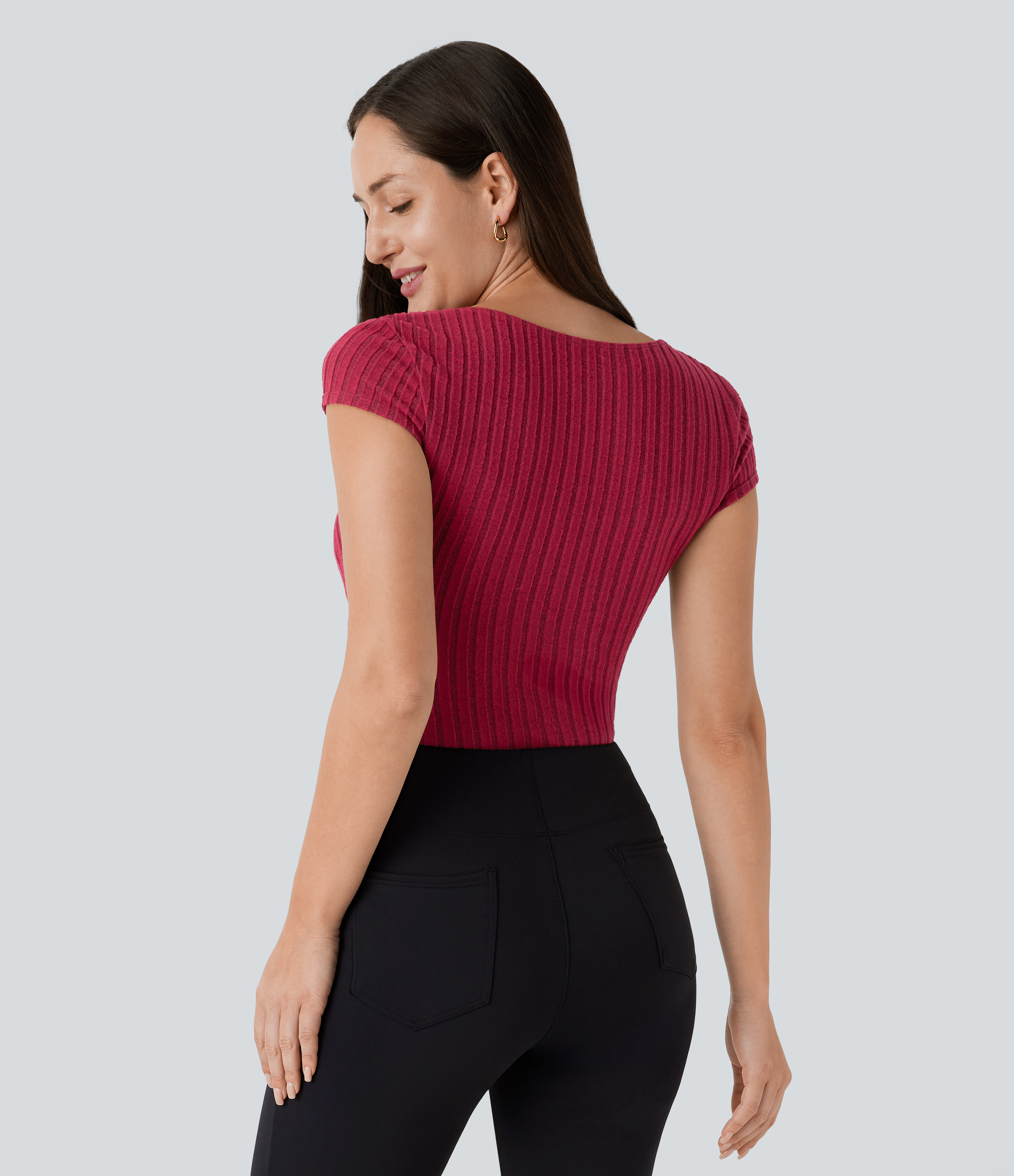 Halara Ribbed Knit Sweetheart Neck Ruched Cap Sleeve Slim Work Top Tank Top - Wine Red Floral Yarn - XL golf tops halter top tunic tops 