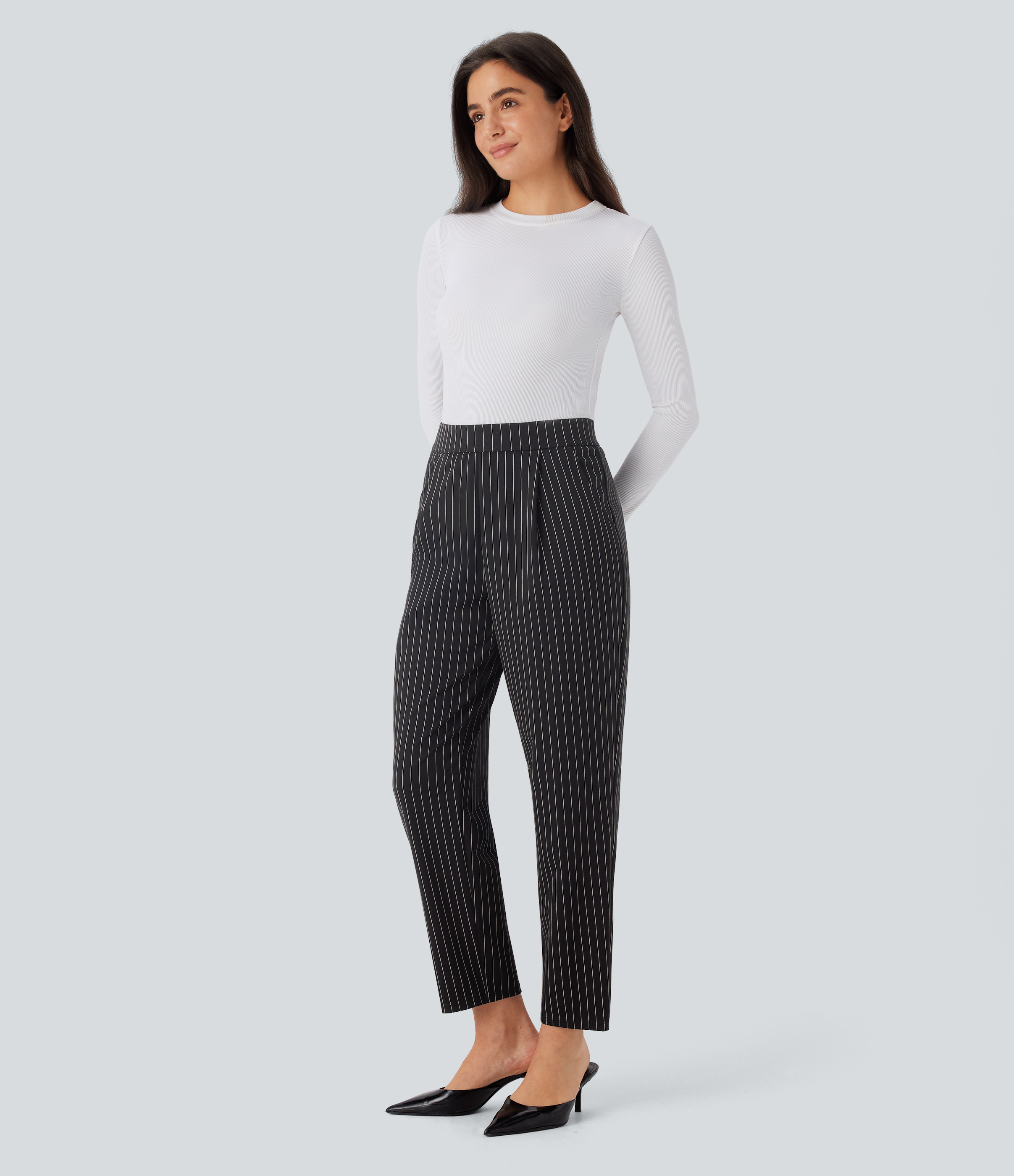 Halara High Waisted Side Pocket Tapered Cool Touch Stripe Work Pants  - Black White Pinstripe - L(regular) sweatpants jogger pants 