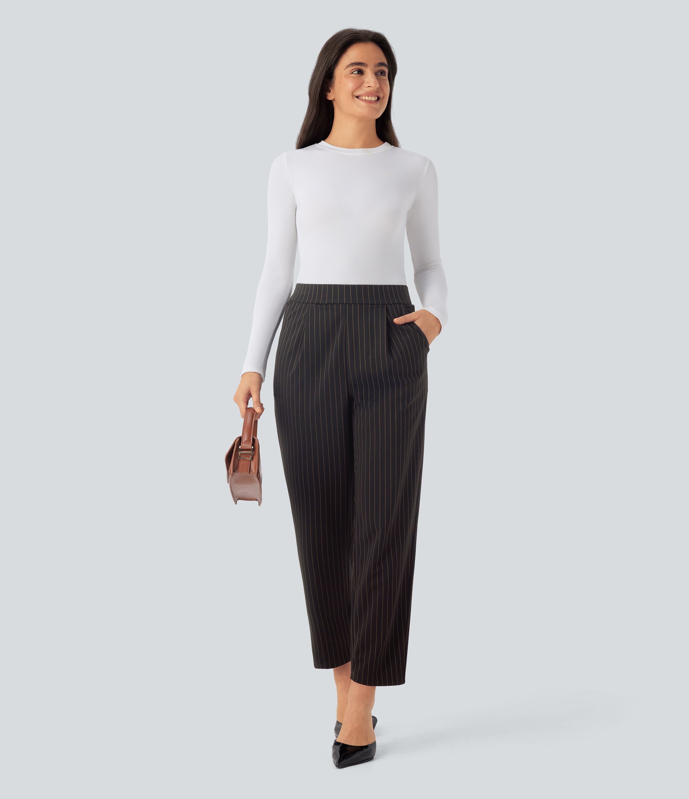 Halara High Waisted Side Pocket Tapered Cool Touch Stripe Work Pants  - Black Brown Black Pinstripe - S(regular) sweatpants jogger pants 