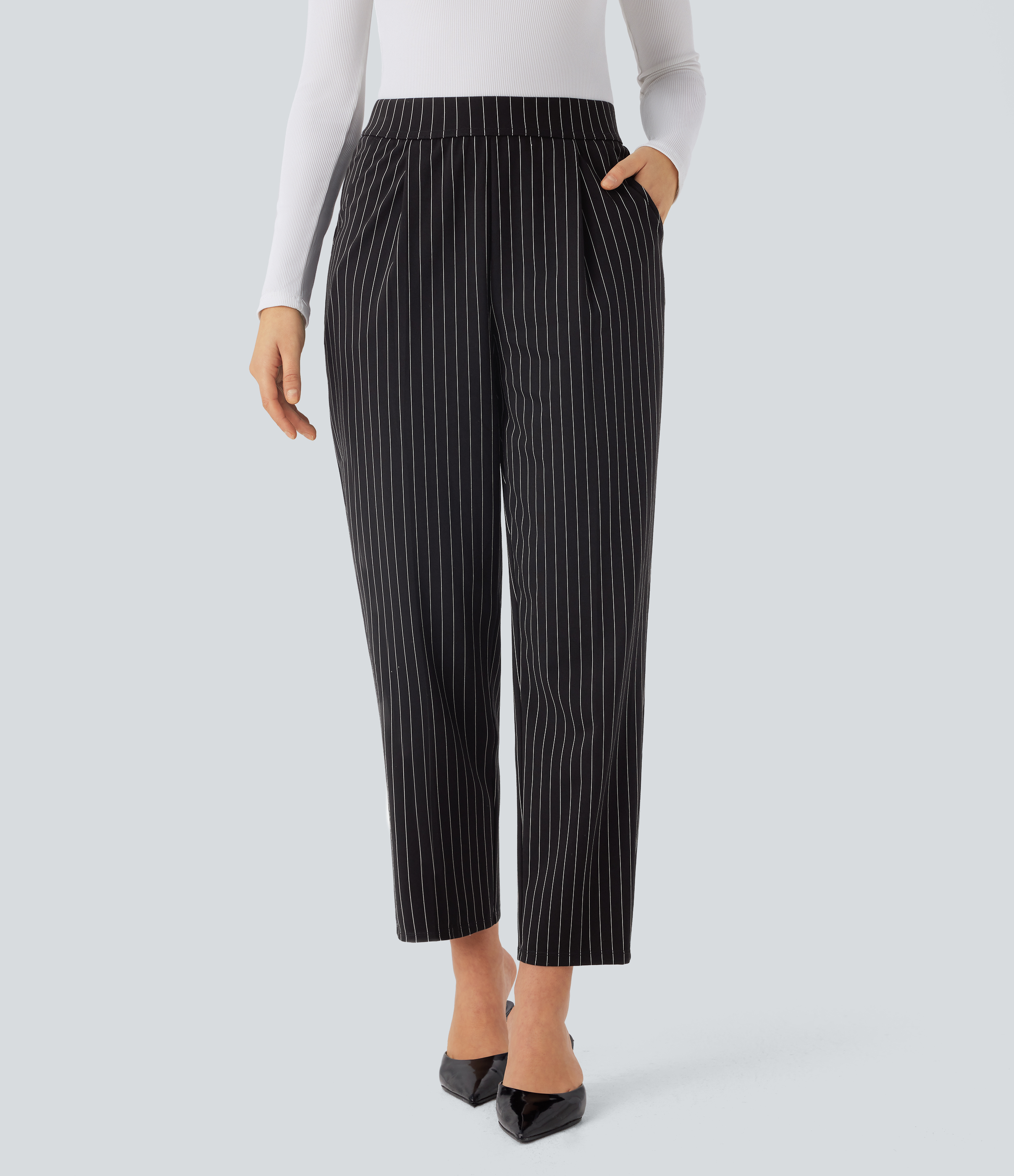 Halara High Waisted Side Pocket Tapered Cool Touch Stripe Work Pants  - Black White Pinstripe - L(regular) sweatpants jogger pants 