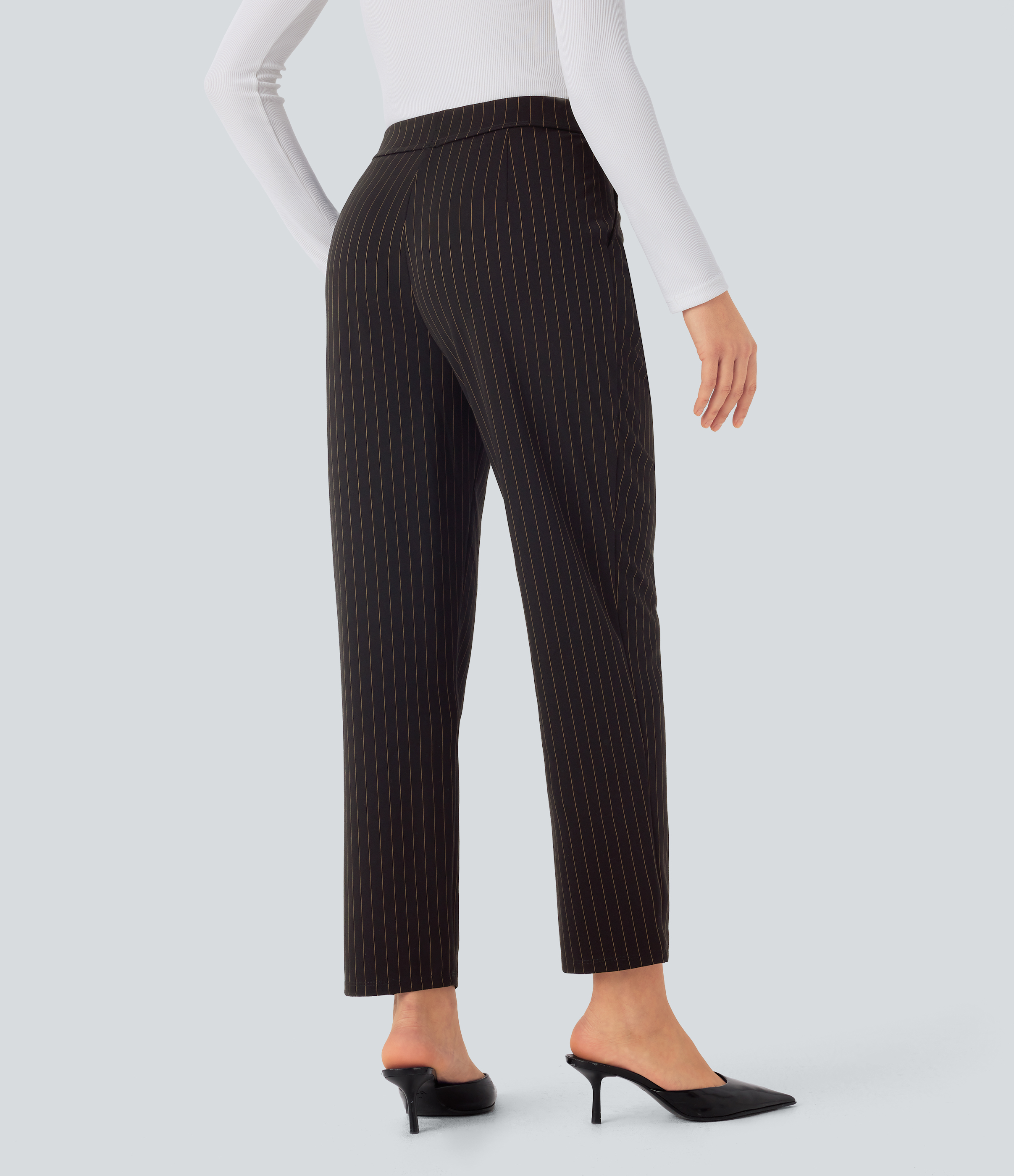 Halara High Waisted Side Pocket Tapered Cool Touch Stripe Work Pants  - Black Brown Black Pinstripe - S(regular) sweatpants jogger pants 