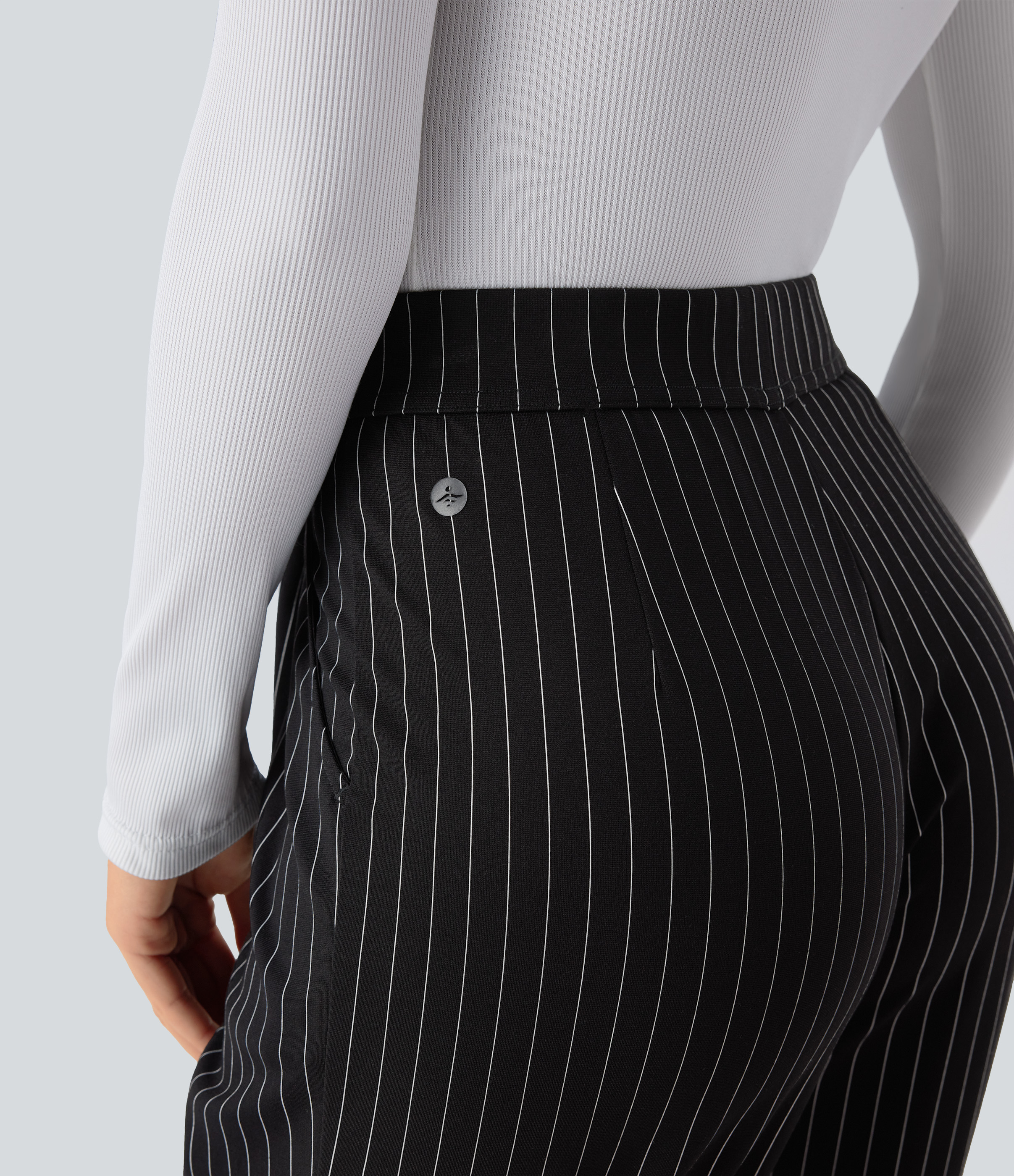 Halara High Waisted Side Pocket Tapered Cool Touch Stripe Work Pants  - Black White Pinstripe - L(regular) sweatpants jogger pants 