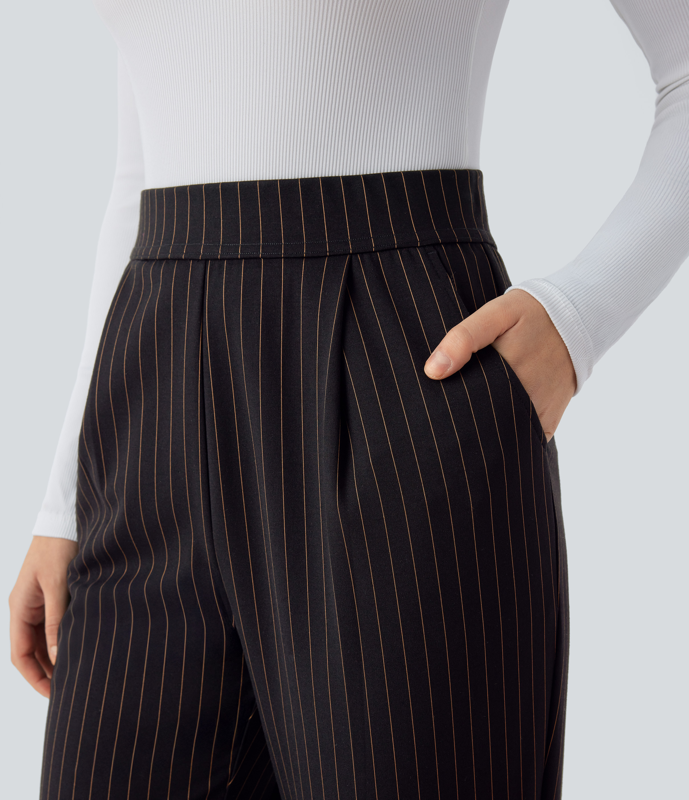 Halara High Waisted Side Pocket Tapered Cool Touch Stripe Work Pants  - Black Brown Black Pinstripe - S(regular) sweatpants jogger pants 