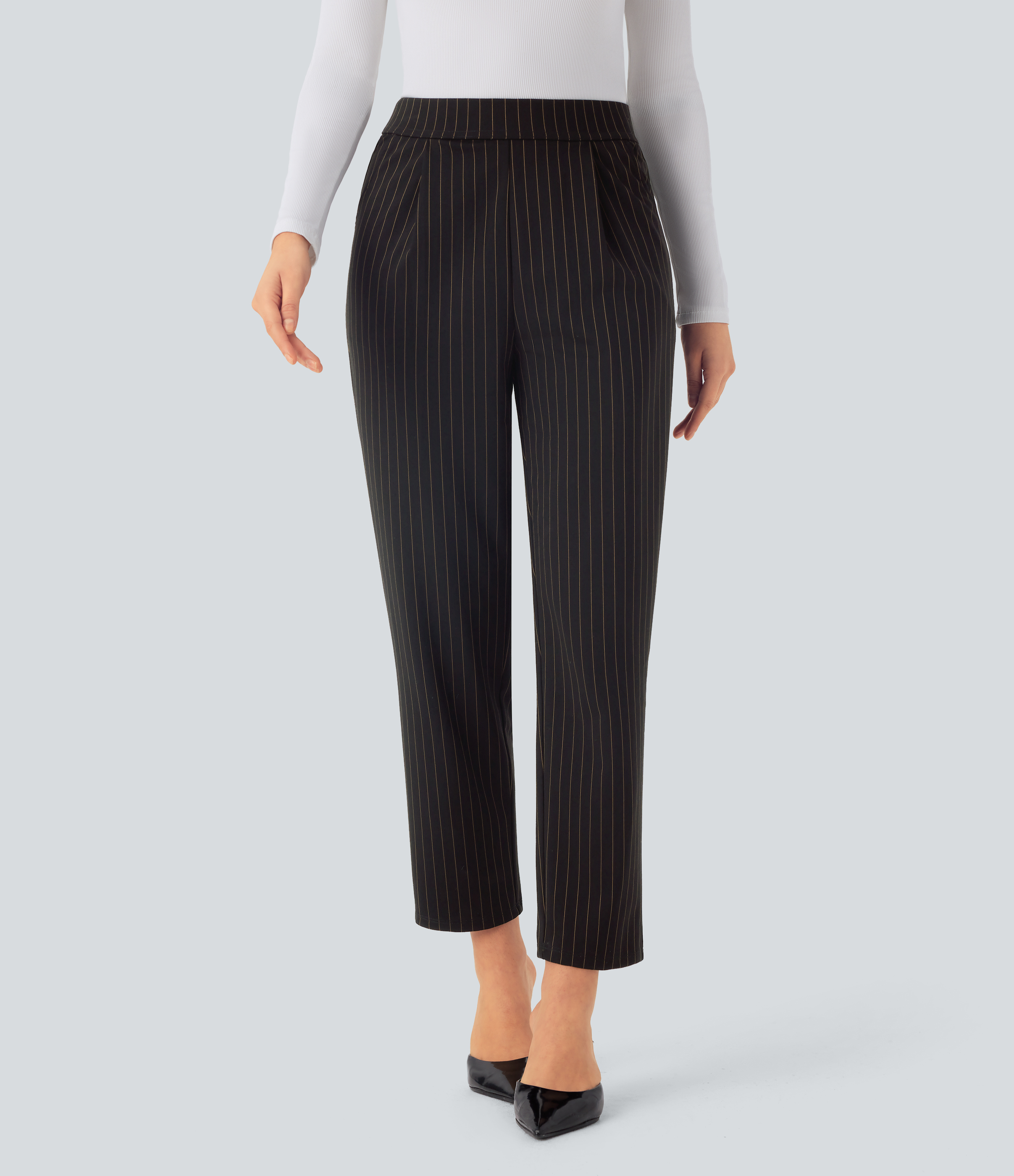 Halara High Waisted Side Pocket Tapered Cool Touch Stripe Work Pants  - Black Brown Black Pinstripe - S(regular) sweatpants jogger pants 