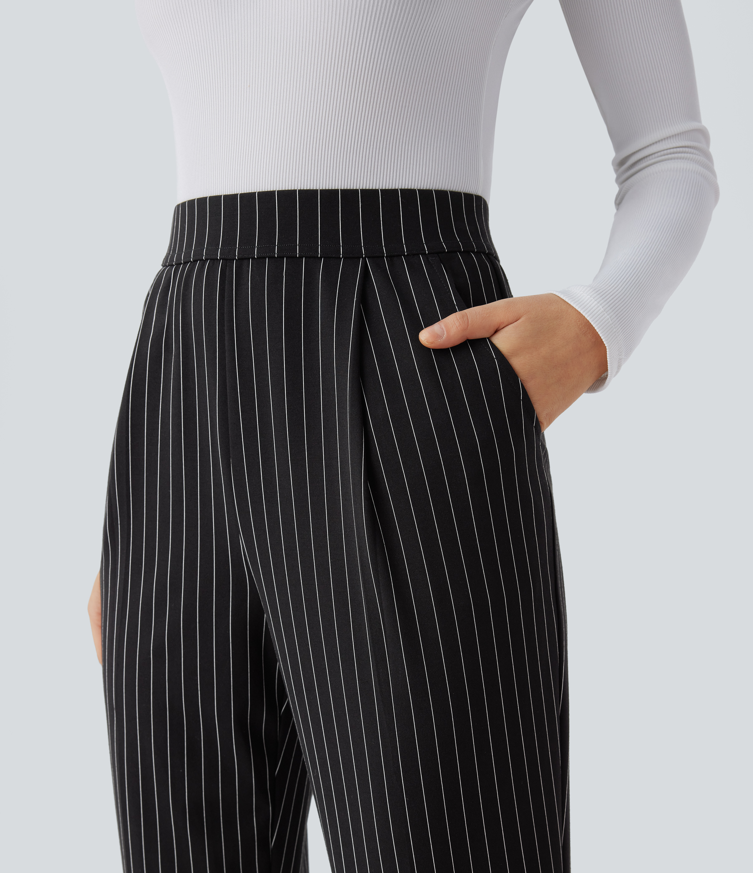 Halara High Waisted Side Pocket Tapered Cool Touch Stripe Work Pants  - Black White Pinstripe - L(regular) sweatpants jogger pants 