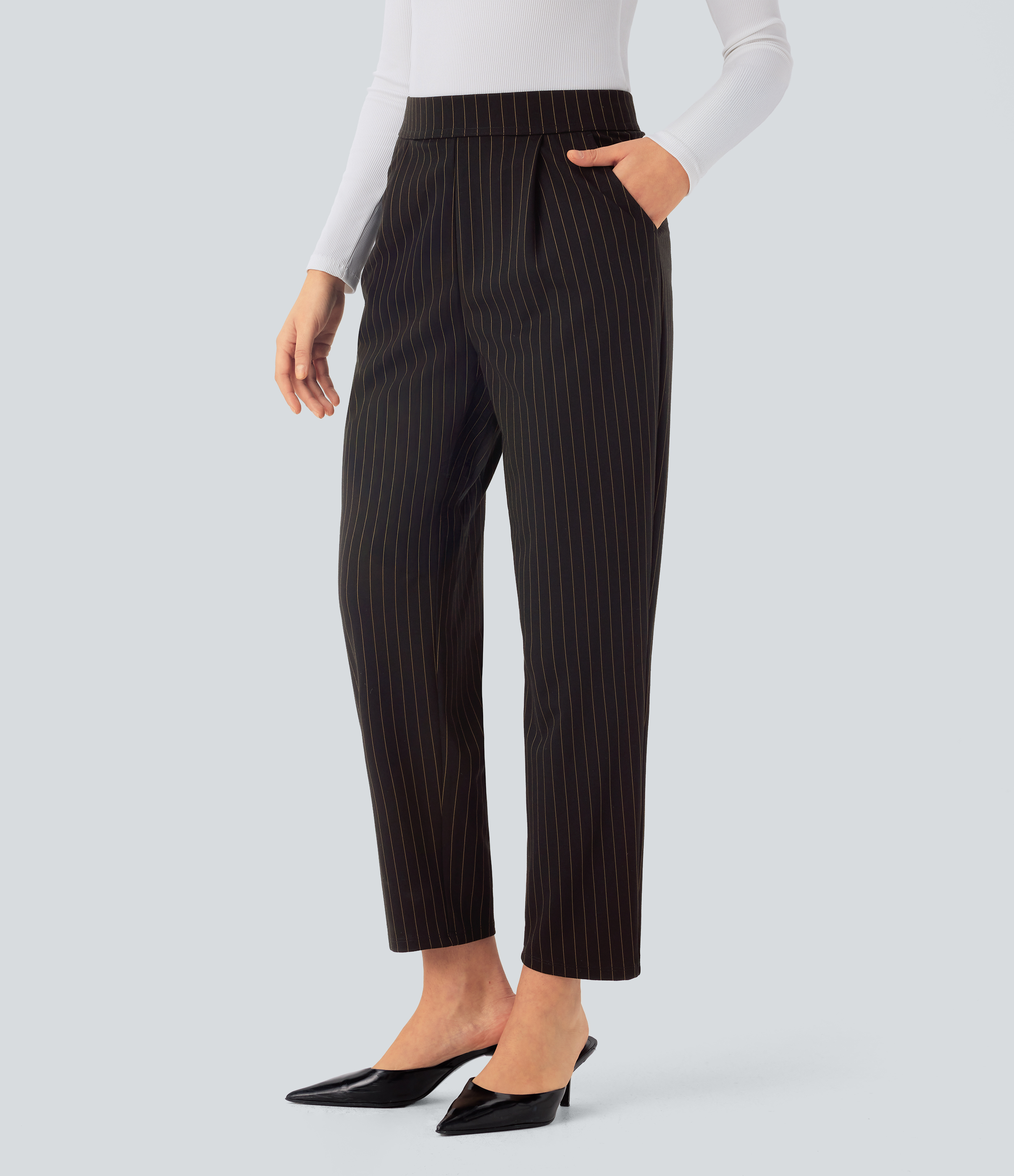 Halara High Waisted Side Pocket Tapered Cool Touch Stripe Work Pants  - Black Brown Black Pinstripe - S(regular) sweatpants jogger pants 