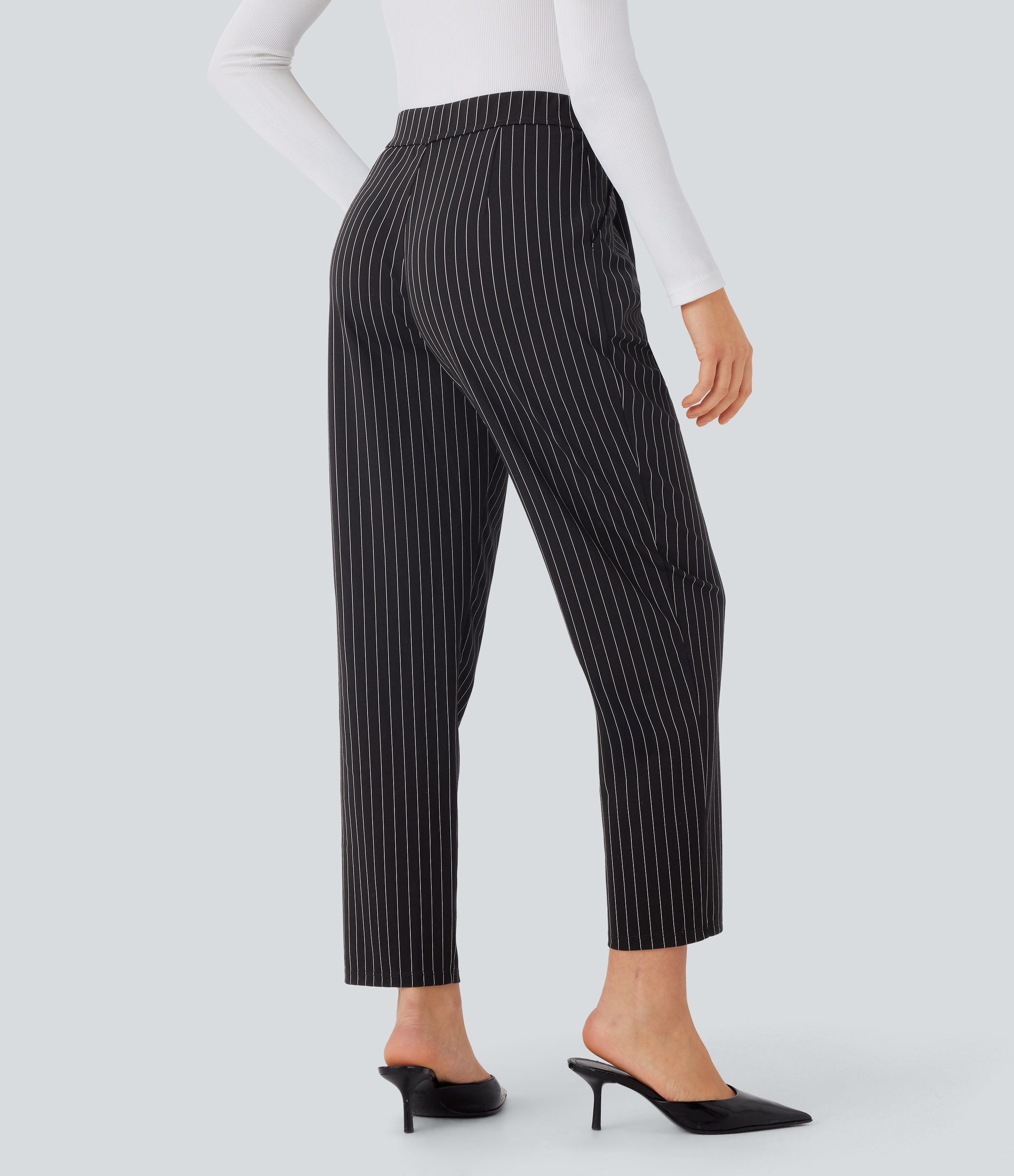 Halara High Waisted Side Pocket Tapered Cool Touch Stripe Work Pants  - Black White Pinstripe - L(regular) sweatpants jogger pants 