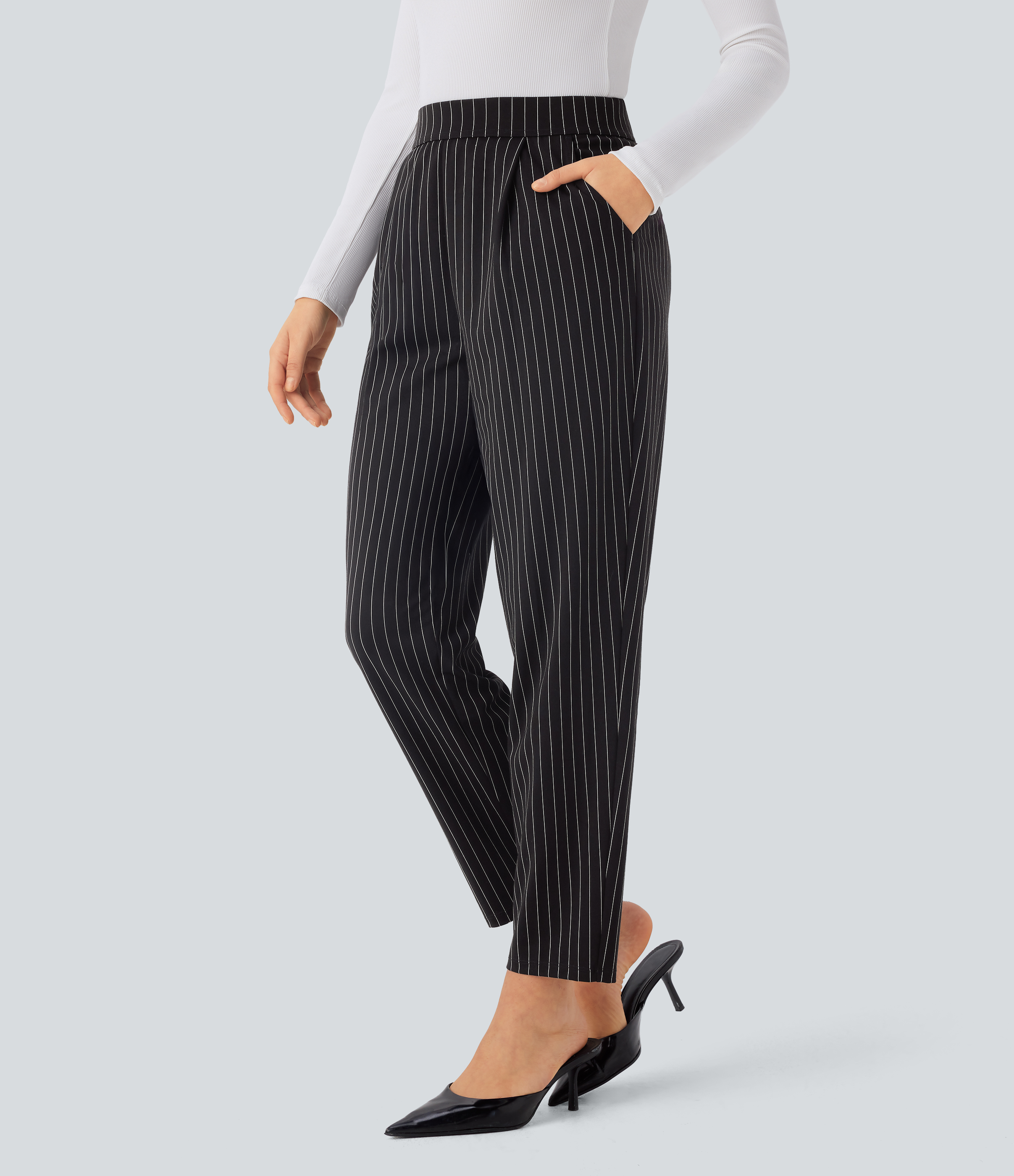 Halara High Waisted Side Pocket Tapered Cool Touch Stripe Work Pants  - Black White Pinstripe - L(regular) sweatpants jogger pants 