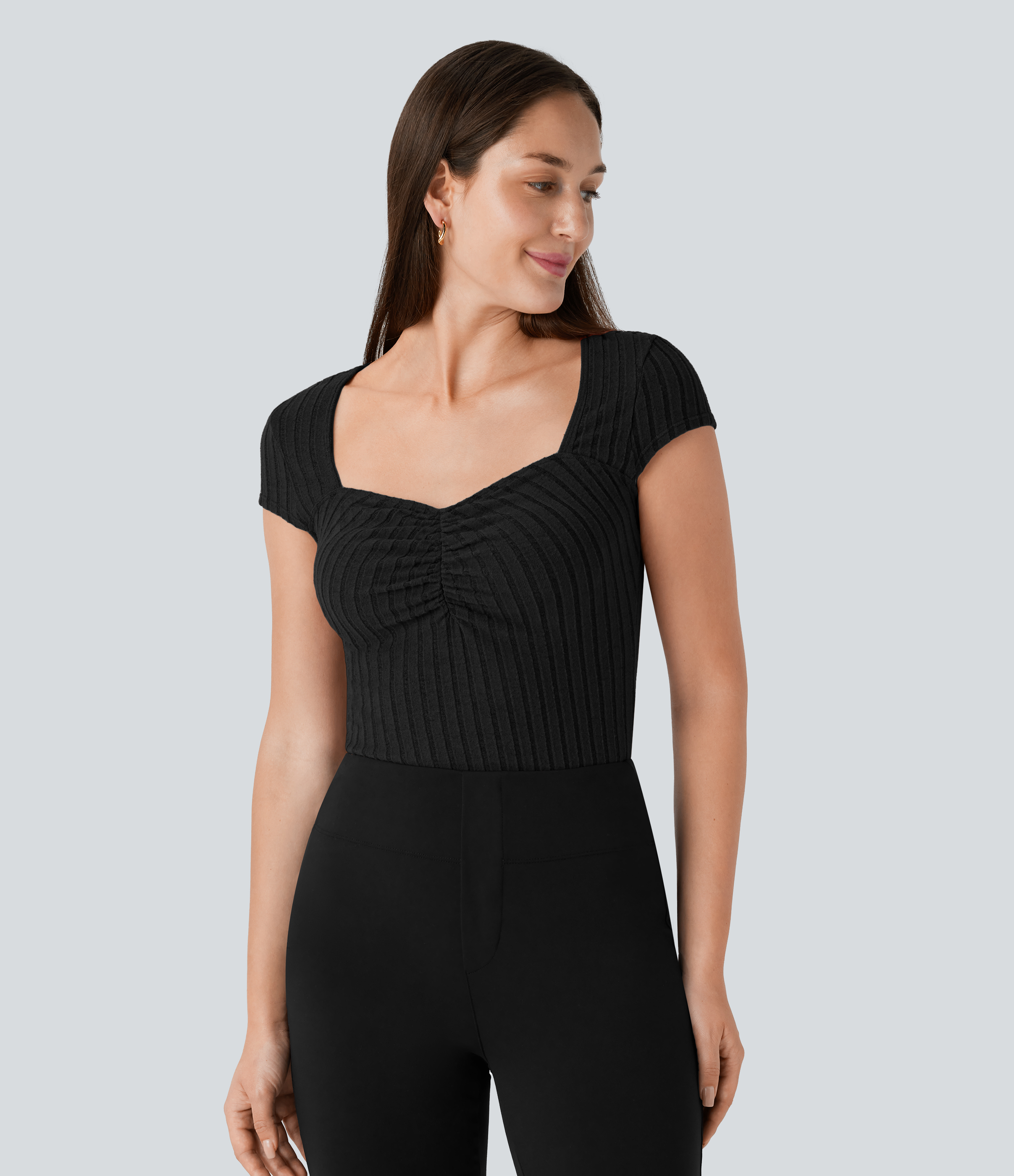 Halara Ribbed Knit Sweetheart Neck Ruched Cap Sleeve Slim Work Top Tank Top - Black - S golf tops halter top tunic tops sleeveless tops 
