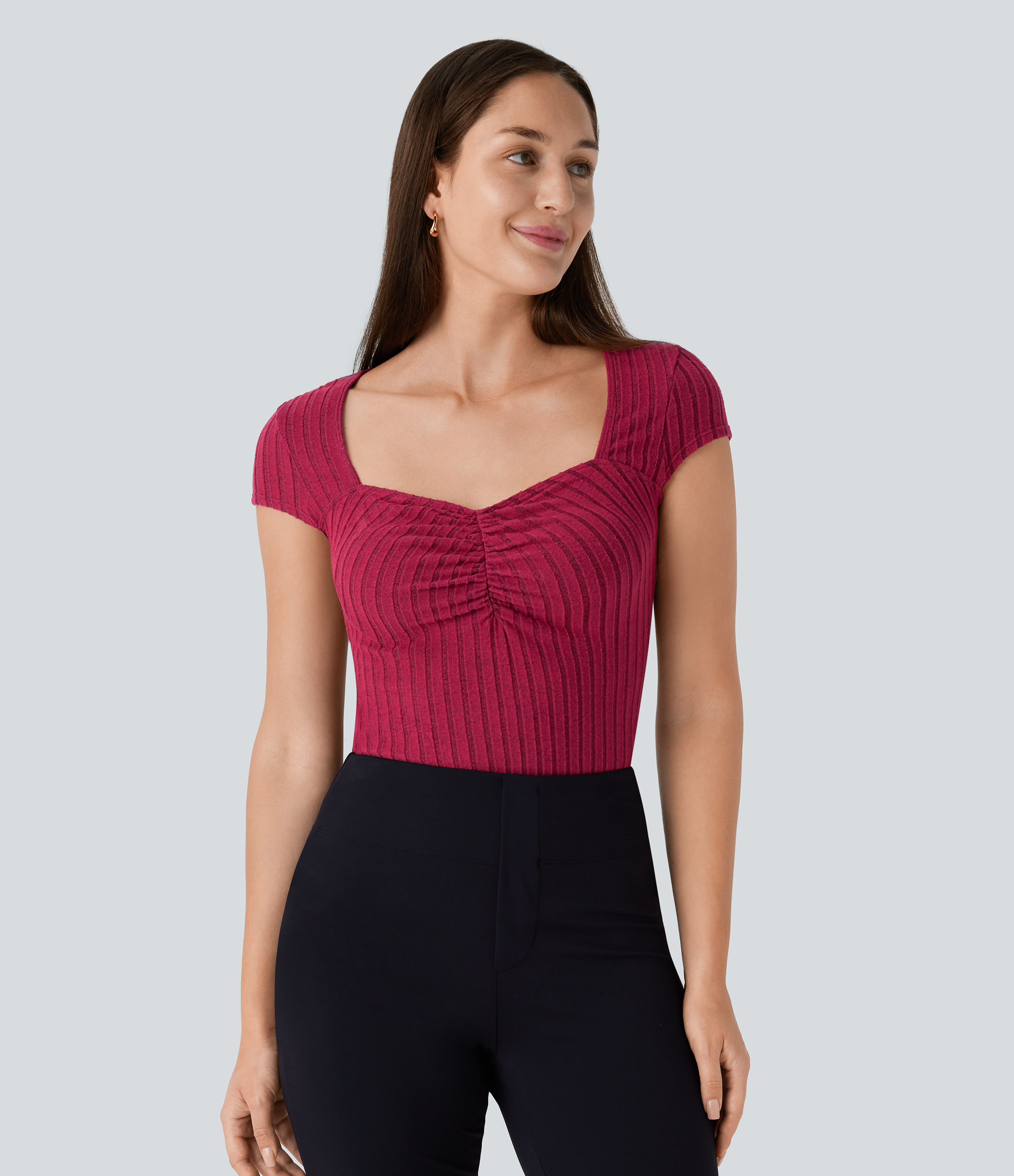 Halara Ribbed Knit Sweetheart Neck Ruched Cap Sleeve Slim Work Top Tank Top - Wine Red Floral Yarn - XL golf tops halter top tunic tops 