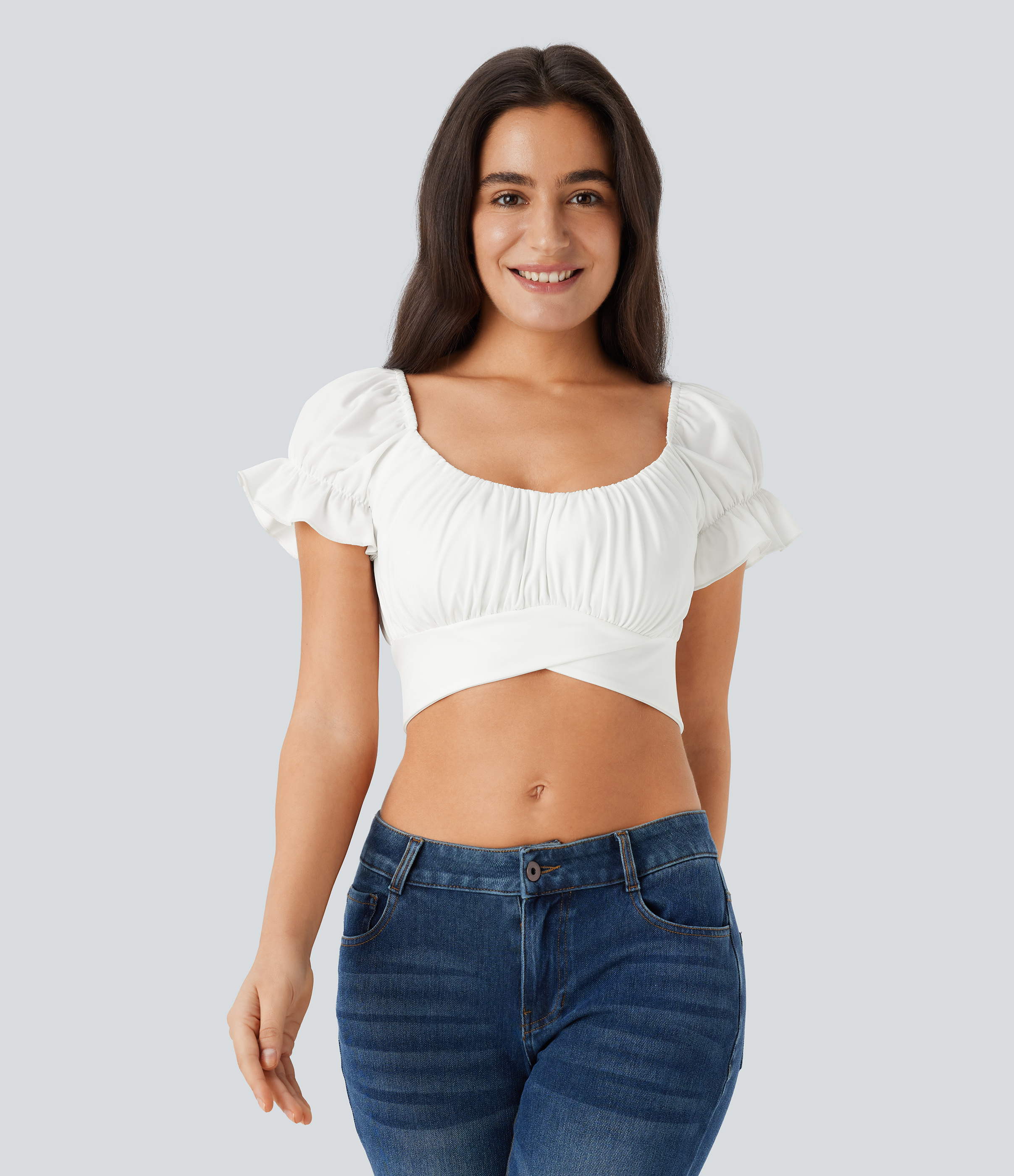 Halara Puff Sleeve Crossover Tie Back Cropped Casual Top Tank Top - White - M golf tops halter top tunic tops sleeveless tops backless top 