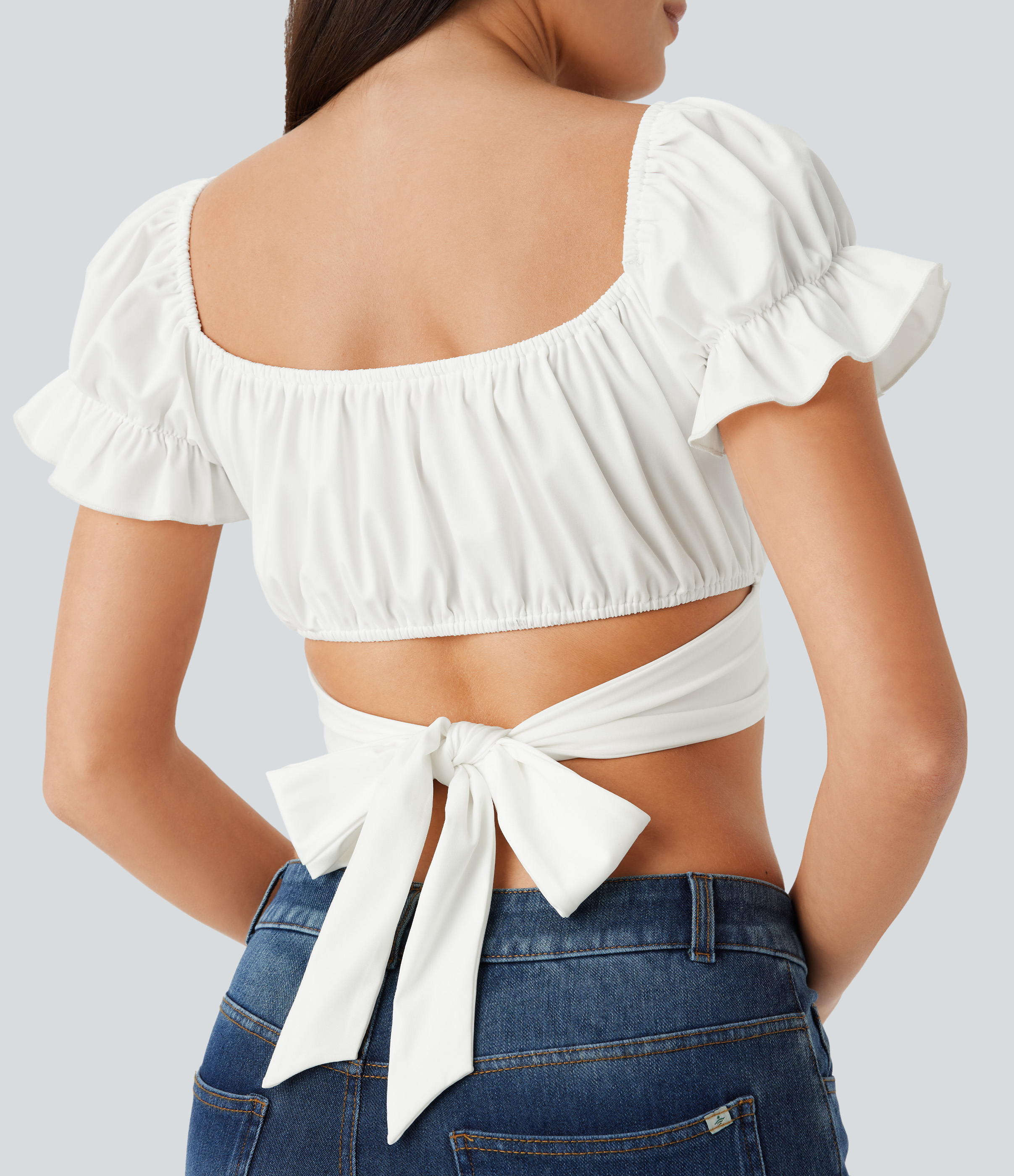 Halara Puff Sleeve Crossover Tie Back Cropped Casual Top Tank Top - White - M golf tops halter top tunic tops sleeveless tops backless top 
