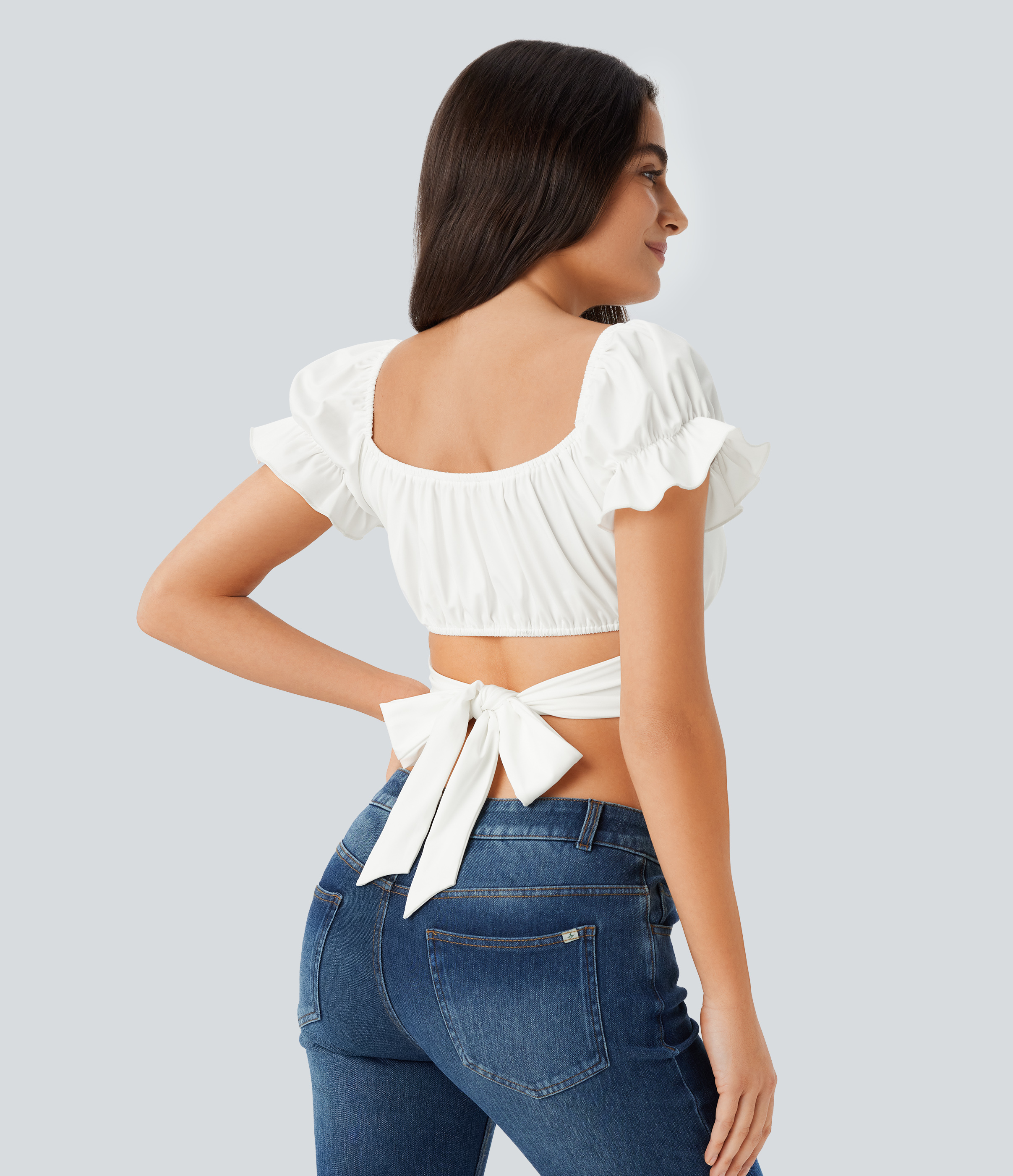 Halara Puff Sleeve Crossover Tie Back Cropped Casual Top Tank Top - White - M golf tops halter top tunic tops sleeveless tops backless top 