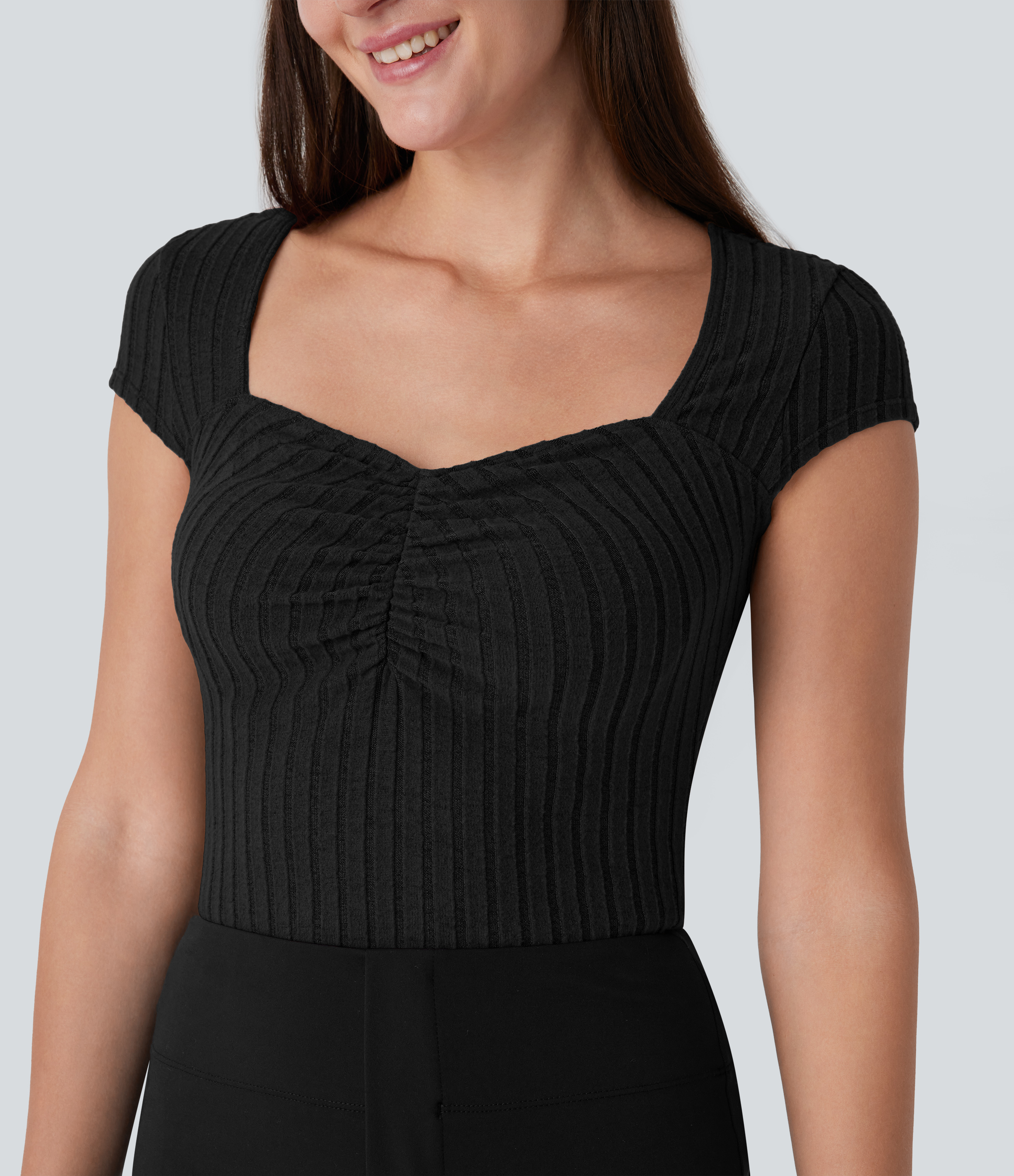 Halara Ribbed Knit Sweetheart Neck Ruched Cap Sleeve Slim Work Top Tank Top - Black - S golf tops halter top tunic tops sleeveless tops 