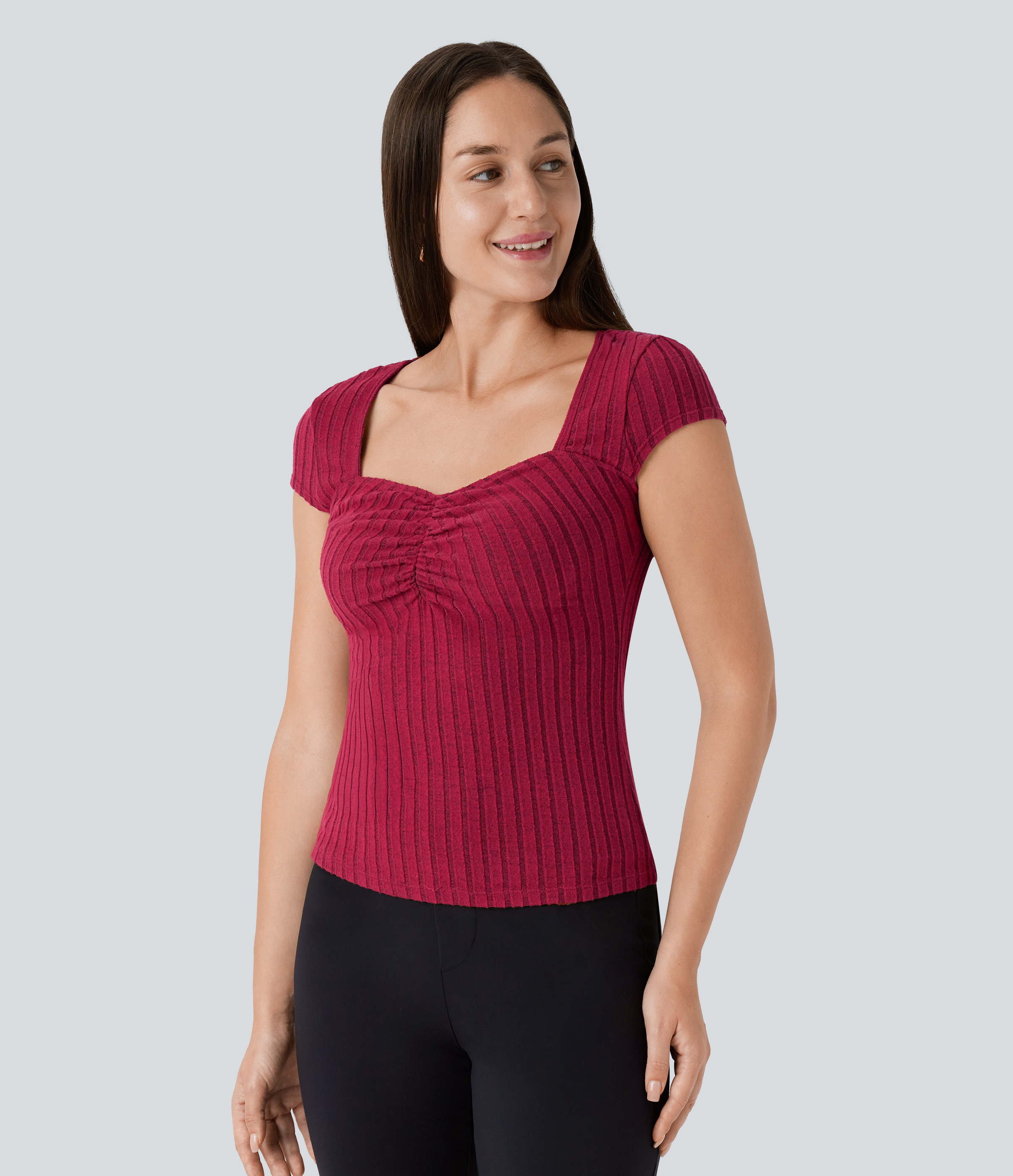 Halara Ribbed Knit Sweetheart Neck Ruched Cap Sleeve Slim Work Top Tank Top - Wine Red Floral Yarn - XL golf tops halter top tunic tops 