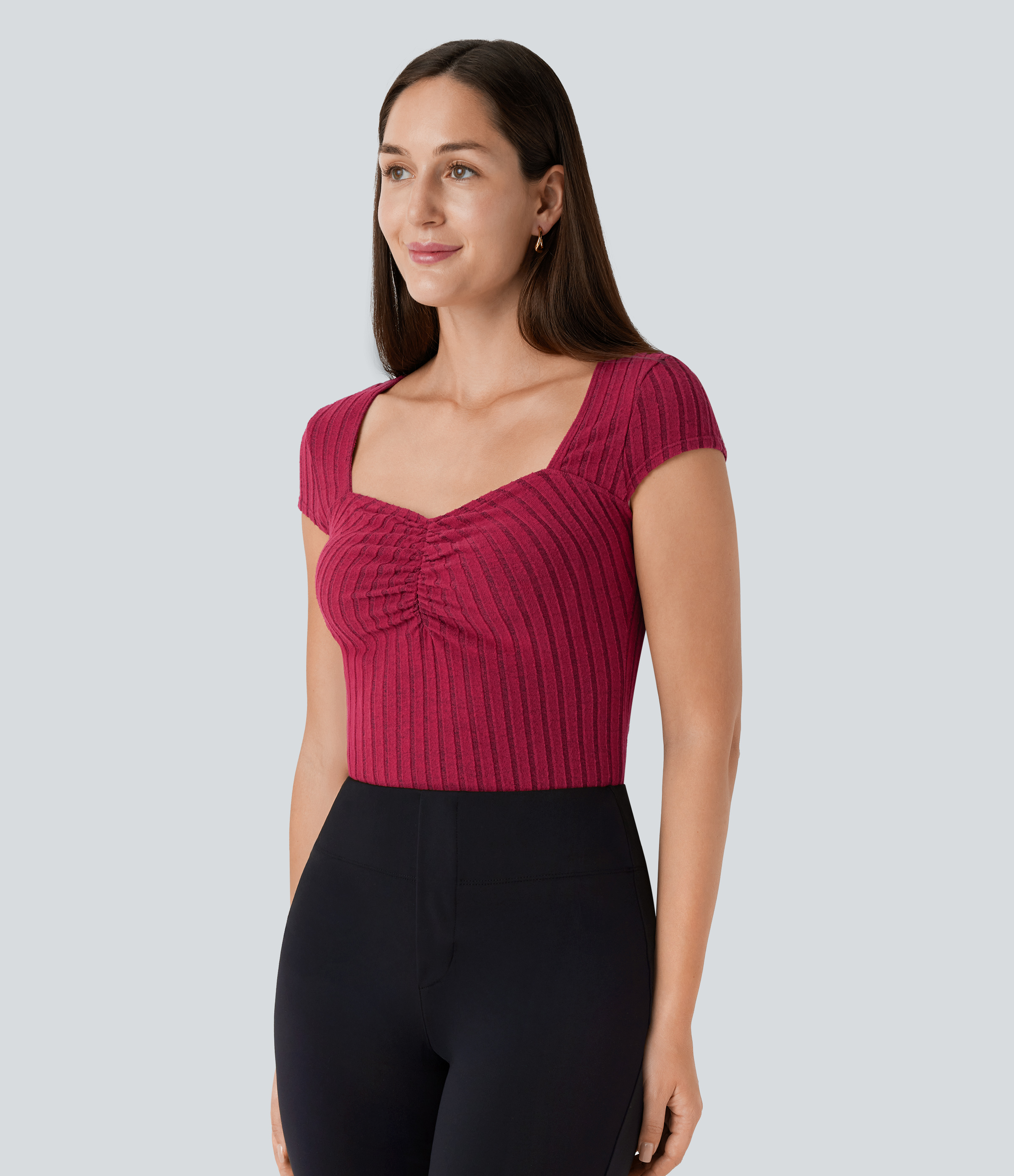 Halara Ribbed Knit Sweetheart Neck Ruched Cap Sleeve Slim Work Top Tank Top - Wine Red Floral Yarn - XL golf tops halter top tunic tops 