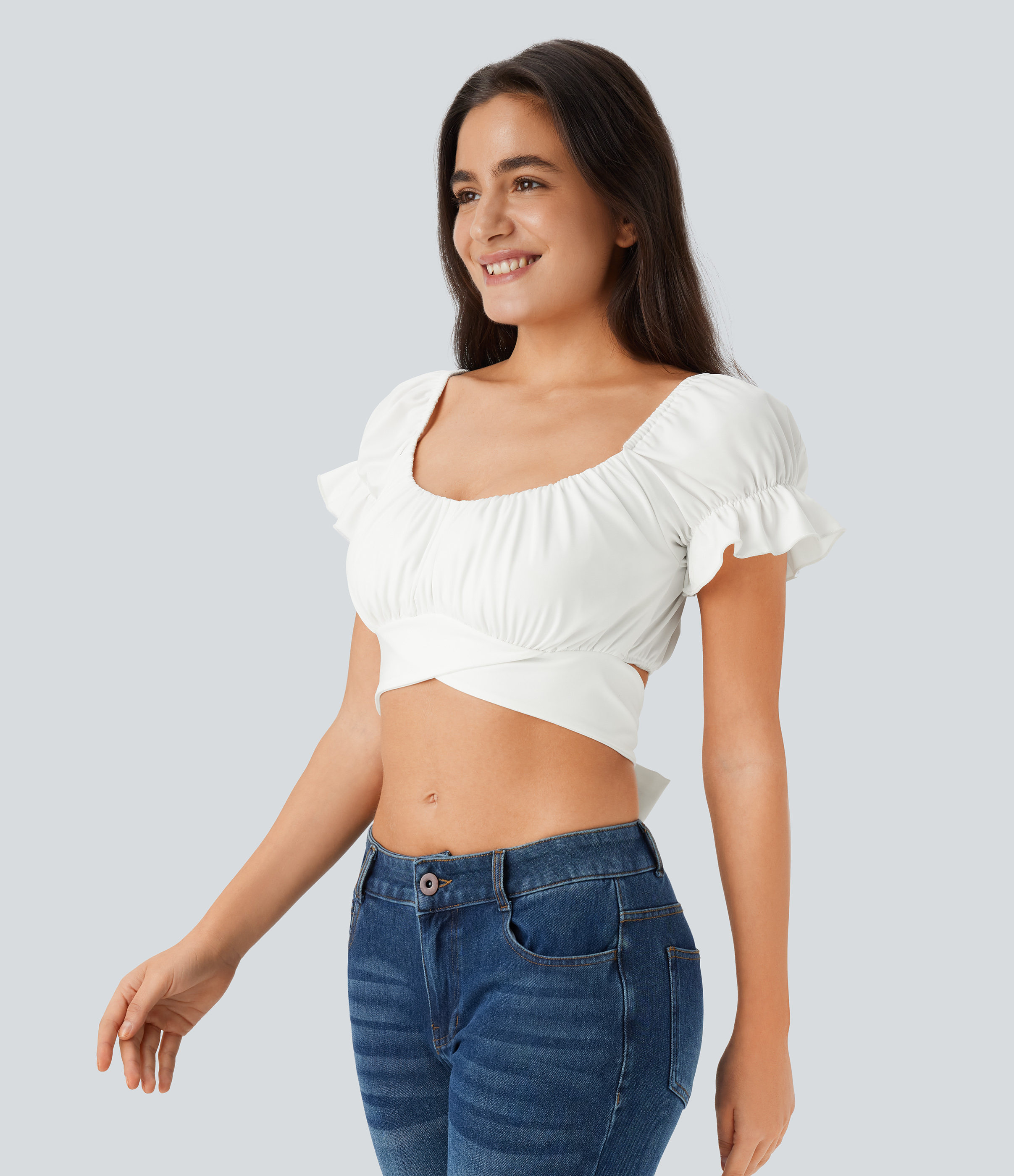 Halara Puff Sleeve Crossover Tie Back Cropped Casual Top Tank Top - White - M golf tops halter top tunic tops sleeveless tops backless top 