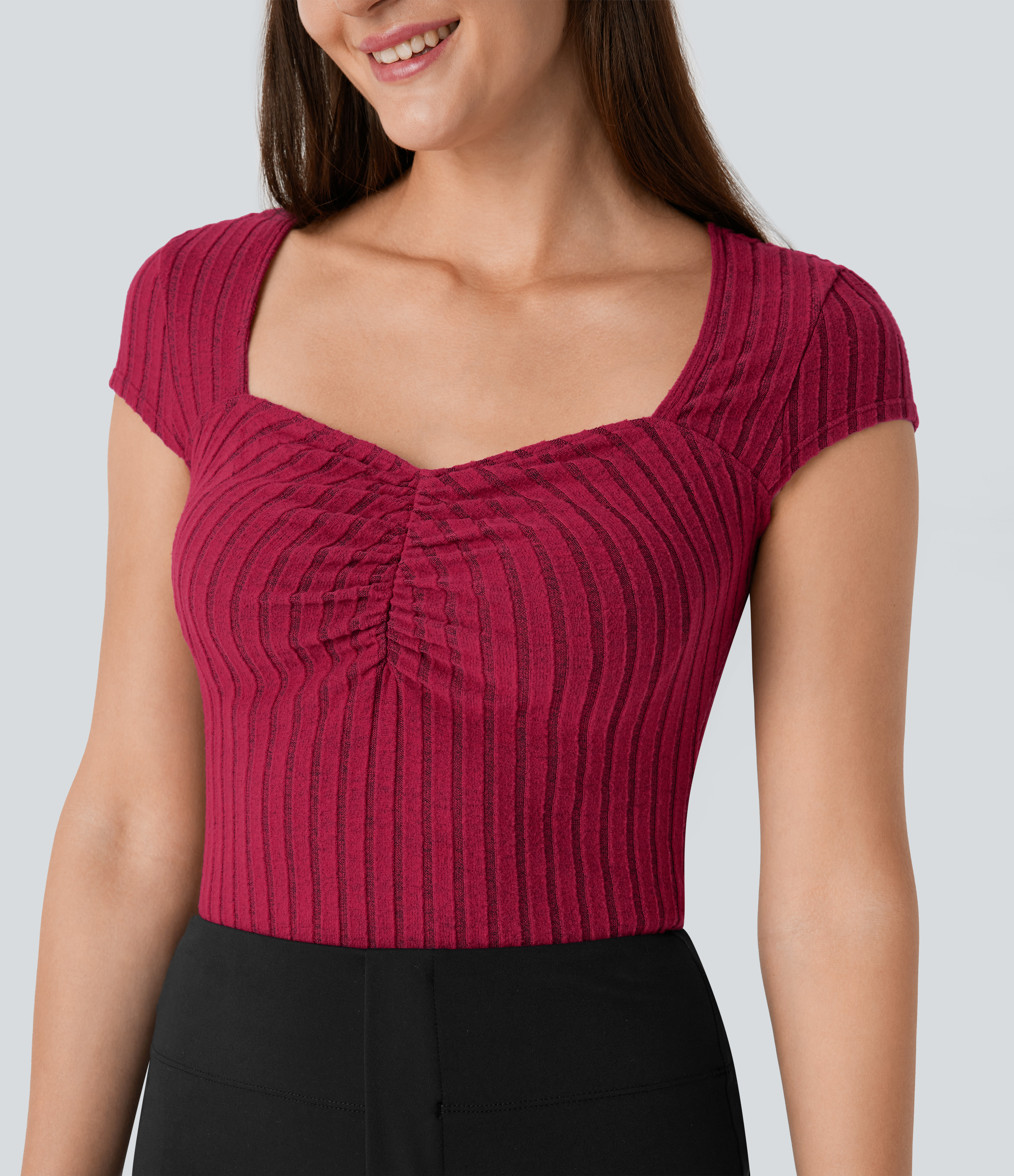 Halara Ribbed Knit Sweetheart Neck Ruched Cap Sleeve Slim Work Top Tank Top - Wine Red Floral Yarn - XL golf tops halter top tunic tops 