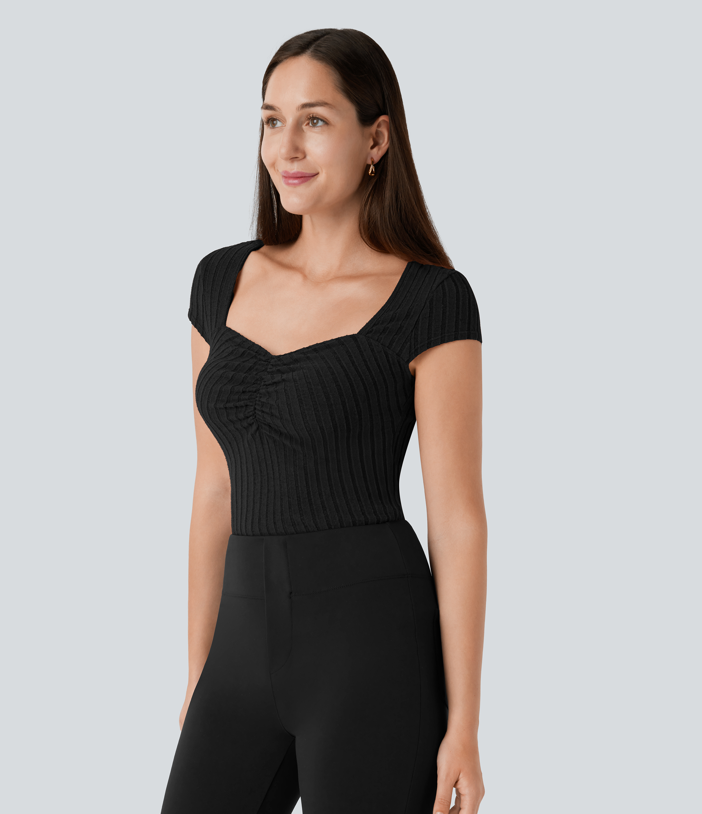 Halara Ribbed Knit Sweetheart Neck Ruched Cap Sleeve Slim Work Top Tank Top - Black - S golf tops halter top tunic tops sleeveless tops 