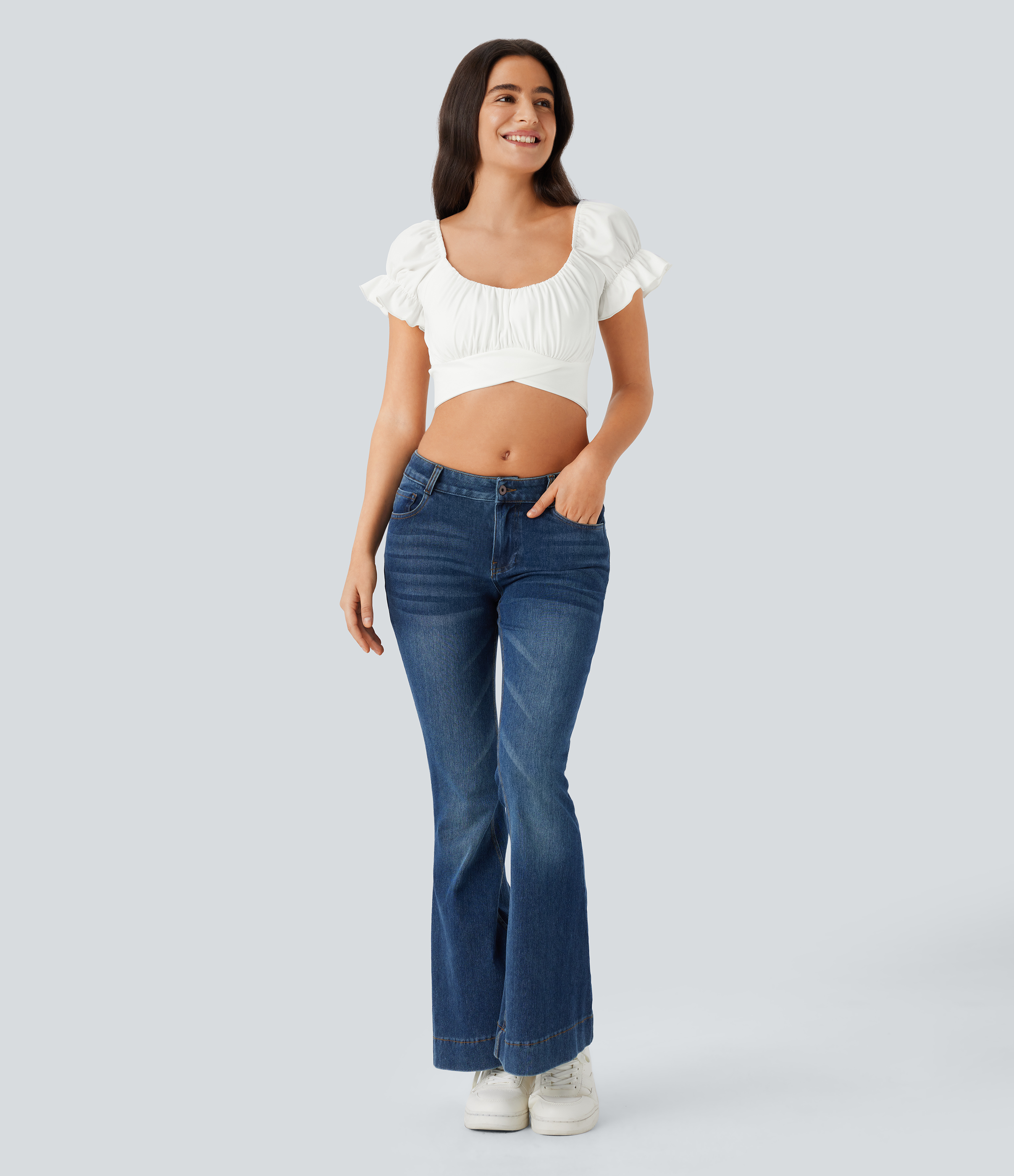 Halara Puff Sleeve Crossover Tie Back Cropped Casual Top Tank Top - White - M golf tops halter top tunic tops sleeveless tops backless top 