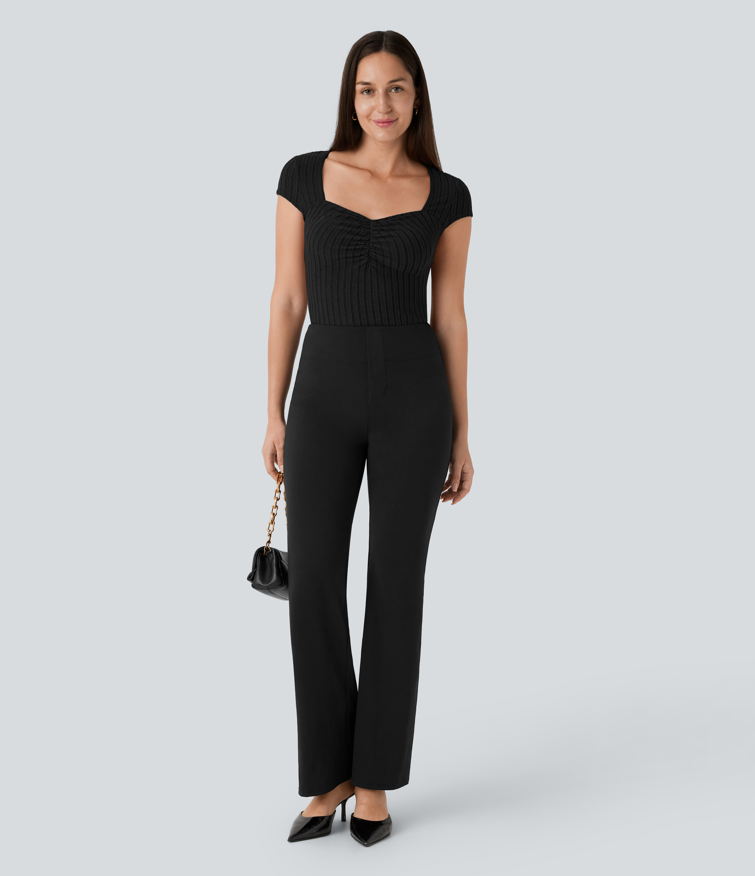 Halara Ribbed Knit Sweetheart Neck Ruched Cap Sleeve Slim Work Top Tank Top - Black - S golf tops halter top tunic tops sleeveless tops 