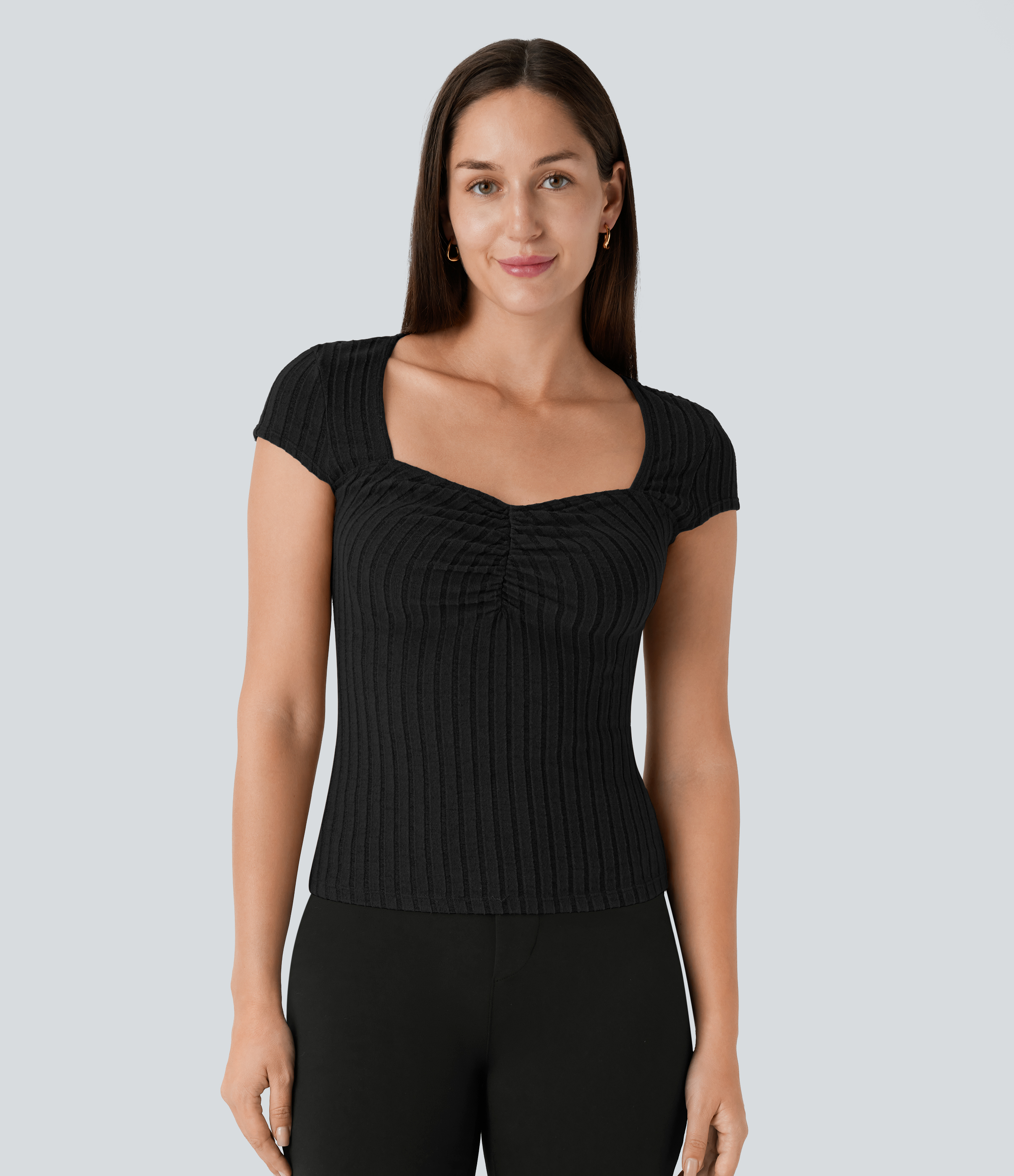 Halara Ribbed Knit Sweetheart Neck Ruched Cap Sleeve Slim Work Top Tank Top - Black - S golf tops halter top tunic tops sleeveless tops 