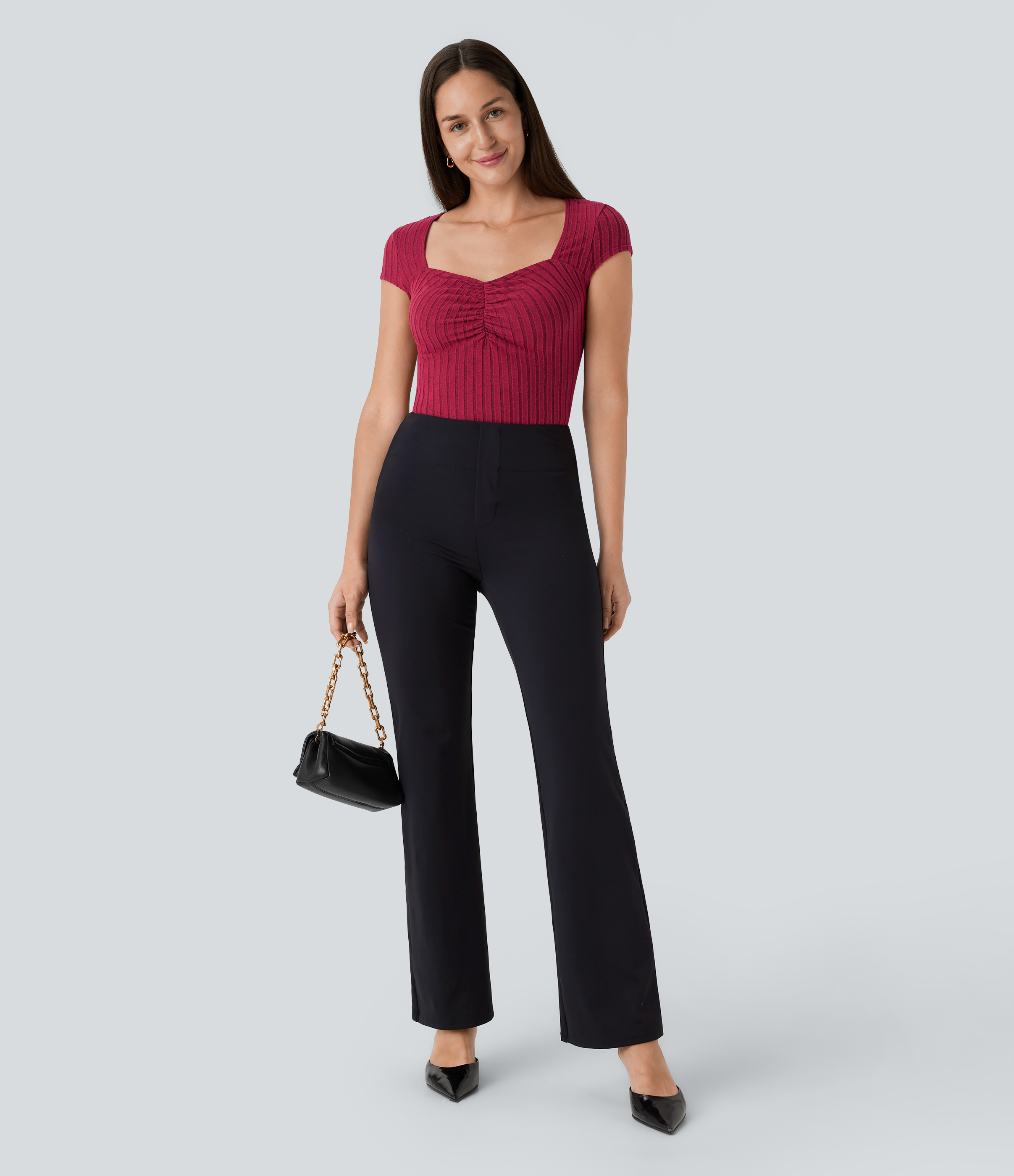 Halara Ribbed Knit Sweetheart Neck Ruched Cap Sleeve Slim Work Top Tank Top - Wine Red Floral Yarn - XL golf tops halter top tunic tops 