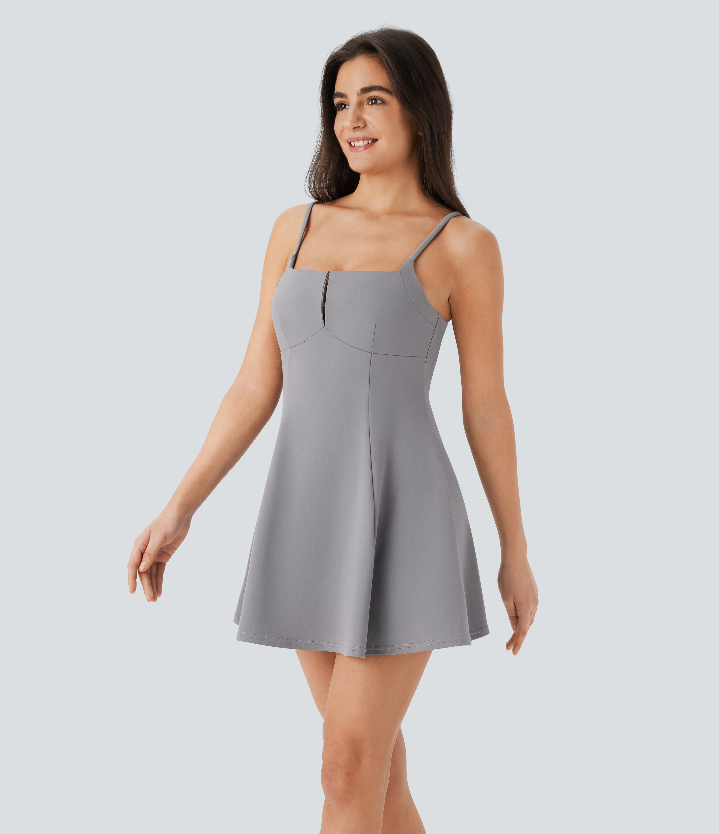 Halara  Square Neck Adjustable Strap Hook 2-Piece Side Pocket Mini Casual Slip Dress Casual Dress - Silent Storm - L slip dress beach dress 
