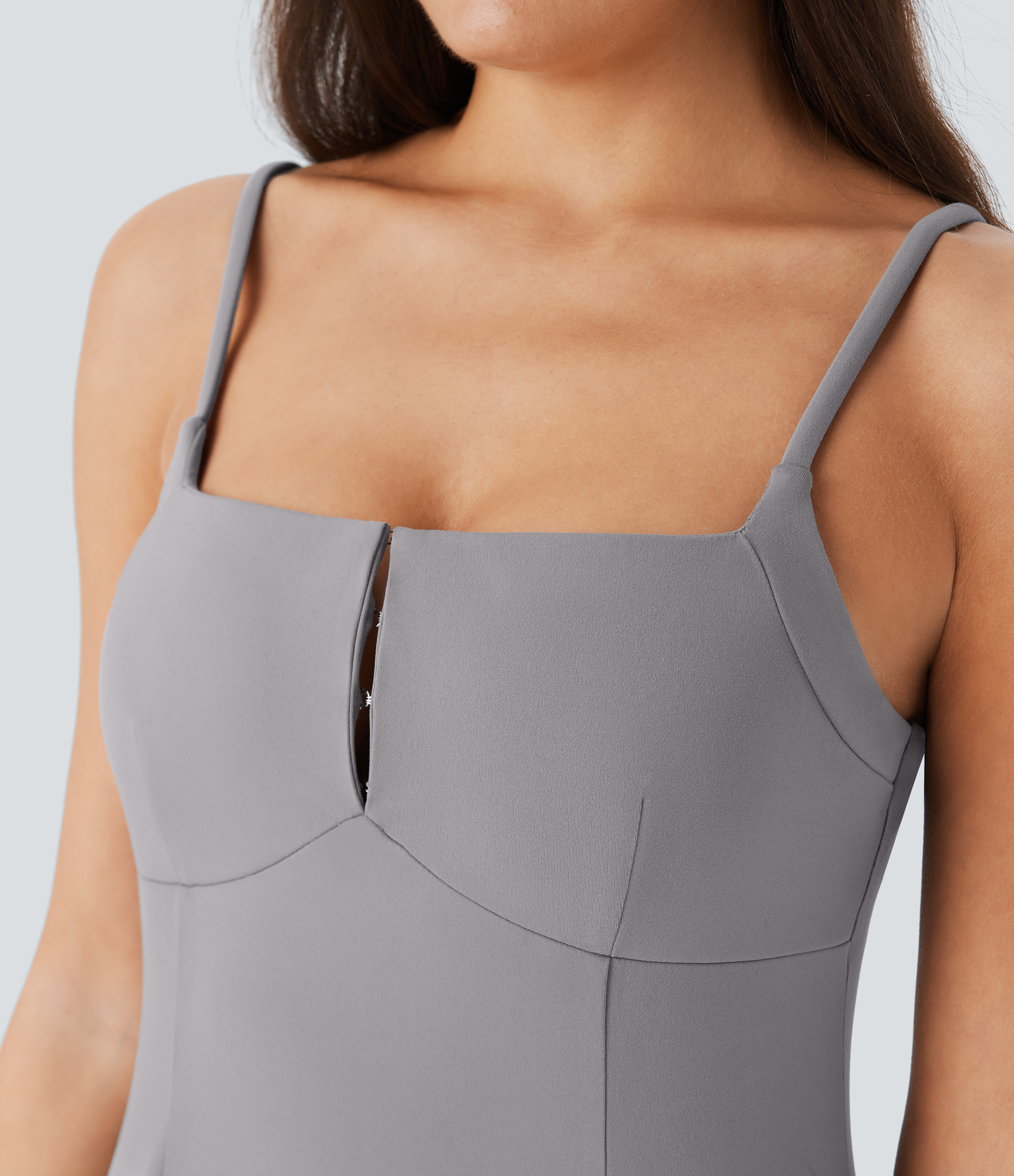 Halara  Square Neck Adjustable Strap Hook 2-Piece Side Pocket Mini Casual Slip Dress Casual Dress - Silent Storm - L slip dress beach dress 