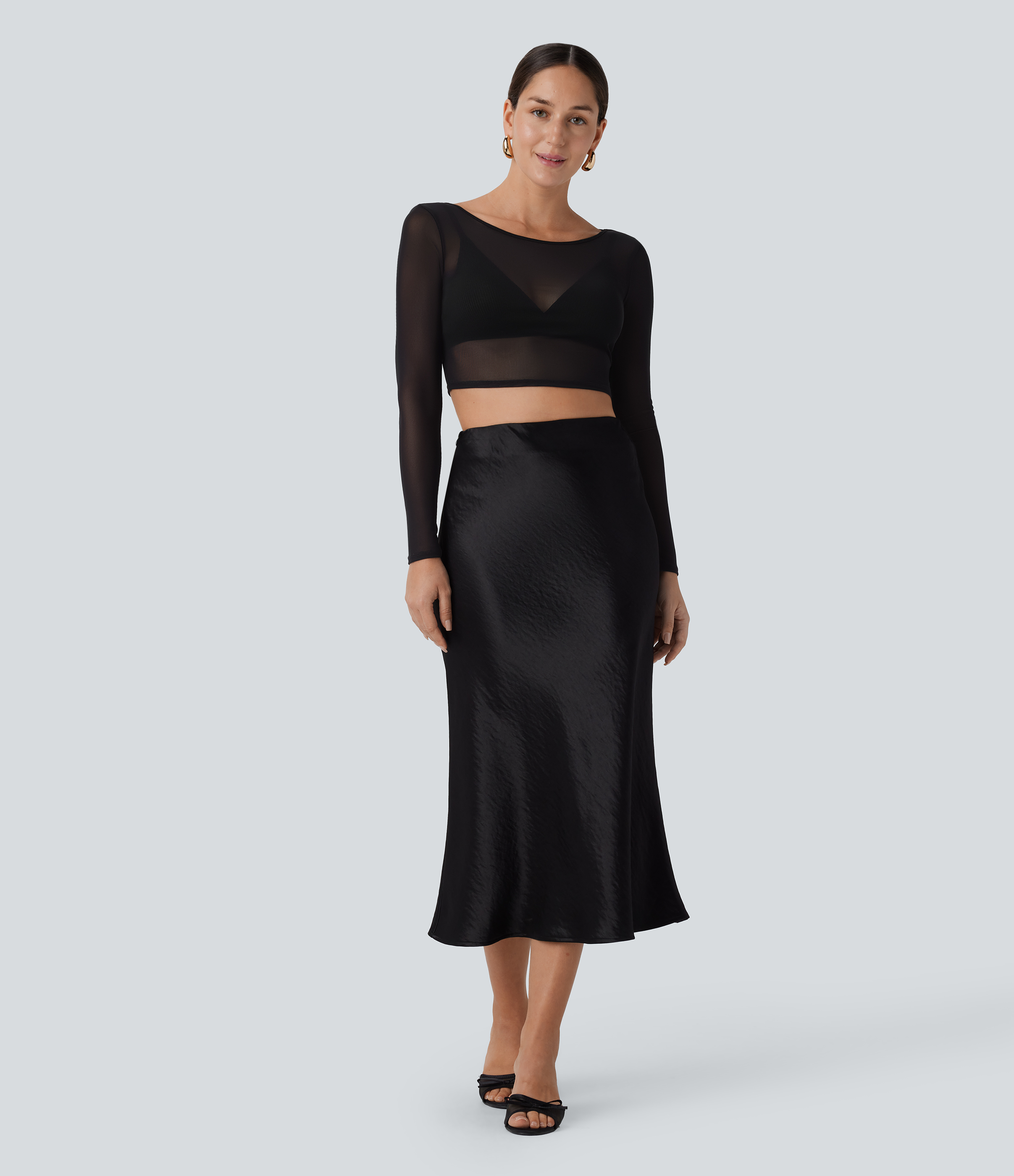 Halara Boat Neck Long Sleeve Sheer Mesh Cropped Party Top Tank Top - Black - S golf tops halter top tunic tops sleeveless tops backless top 