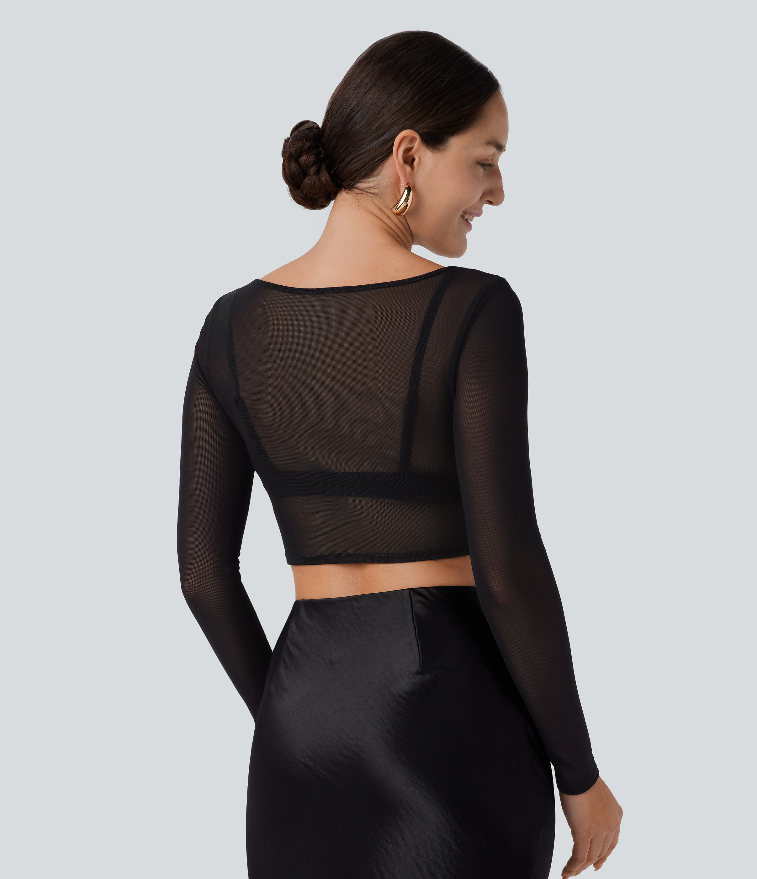 Halara Boat Neck Long Sleeve Sheer Mesh Cropped Party Top Tank Top - Black - S golf tops halter top tunic tops sleeveless tops backless top 