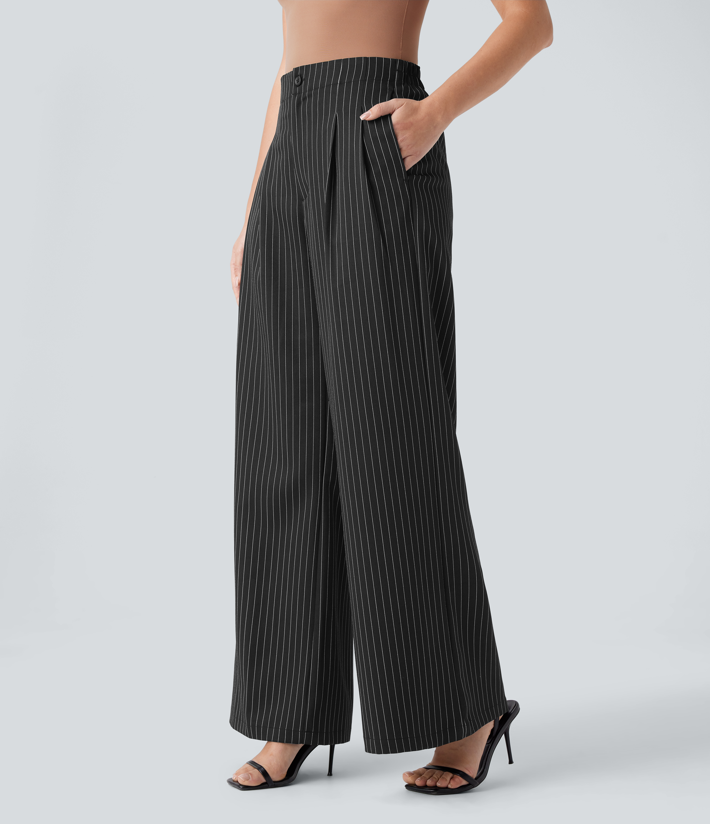 Halara High Waisted Side Pockets Stripe Wide Leg Work Pants  - Black White Pinstripe - M(regular) sweatpants jogger pants stacked sweatpants 