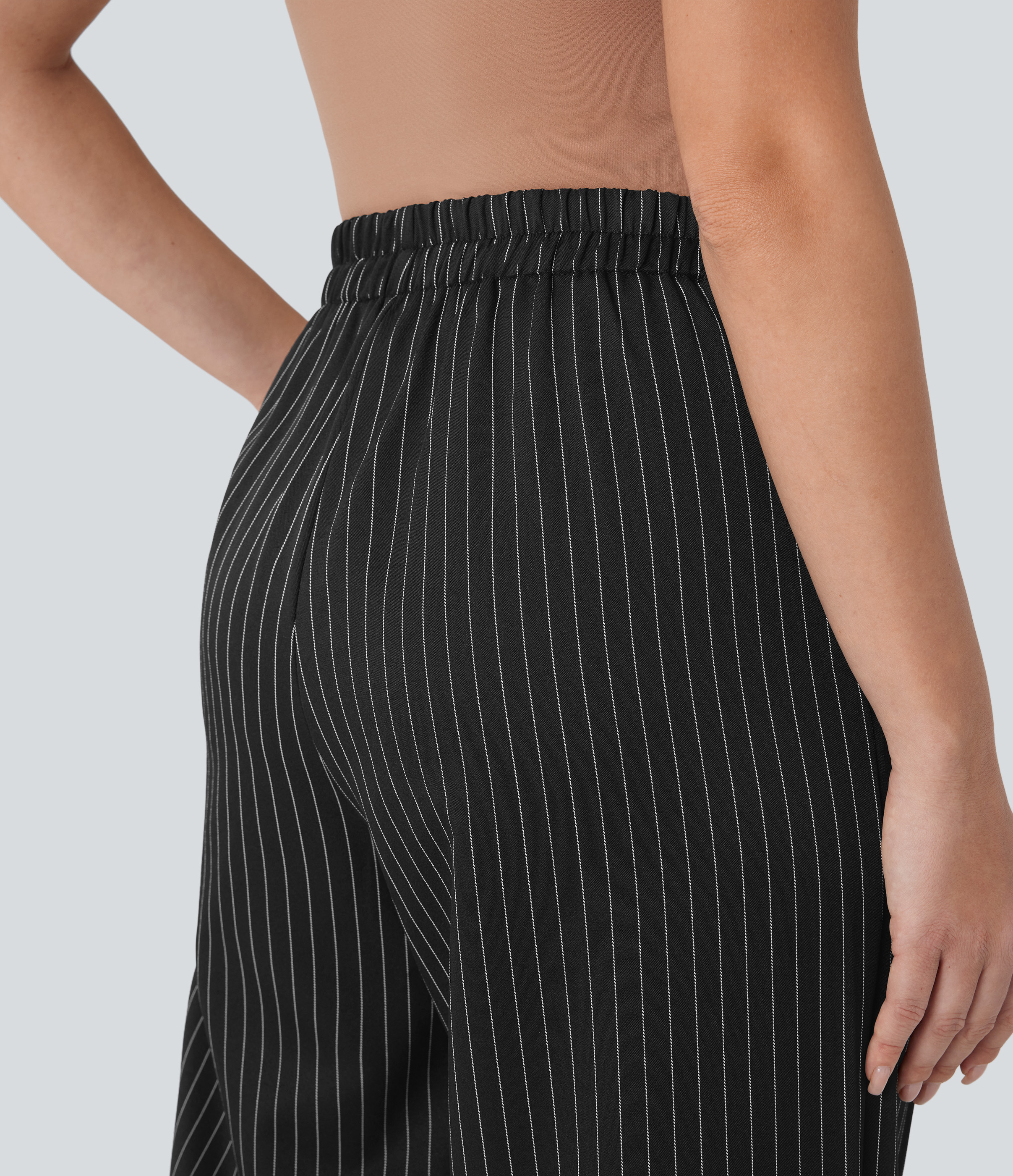 Halara High Waisted Side Pockets Stripe Wide Leg Work Pants  - Black White Pinstripe - M(regular) sweatpants jogger pants stacked sweatpants 