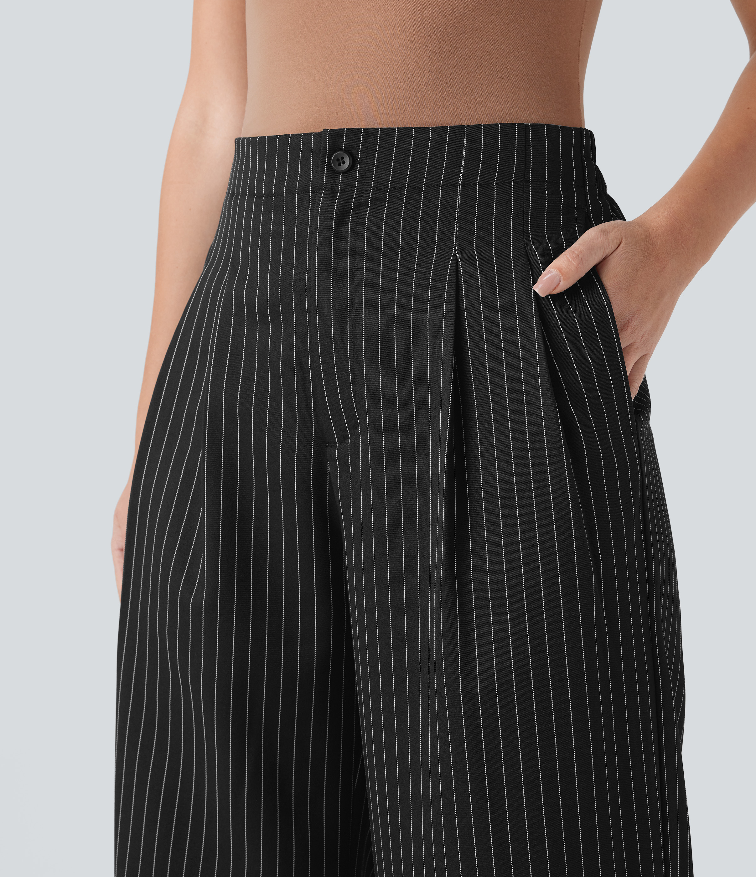 Halara High Waisted Side Pockets Stripe Wide Leg Work Pants  - Black White Pinstripe - M(regular) sweatpants jogger pants stacked sweatpants 