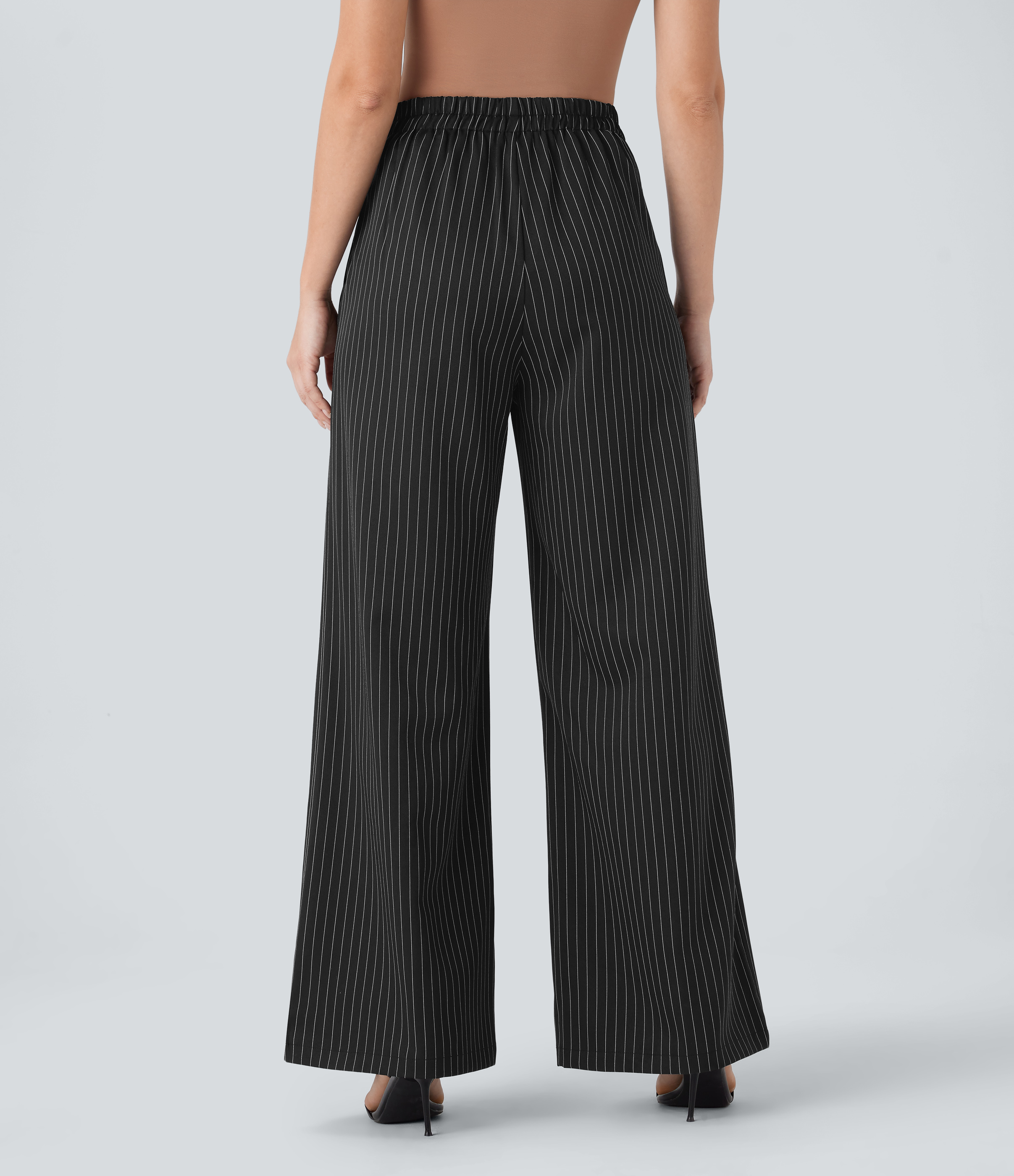 Halara High Waisted Side Pockets Stripe Wide Leg Work Pants  - Black White Pinstripe - M(regular) sweatpants jogger pants stacked sweatpants 