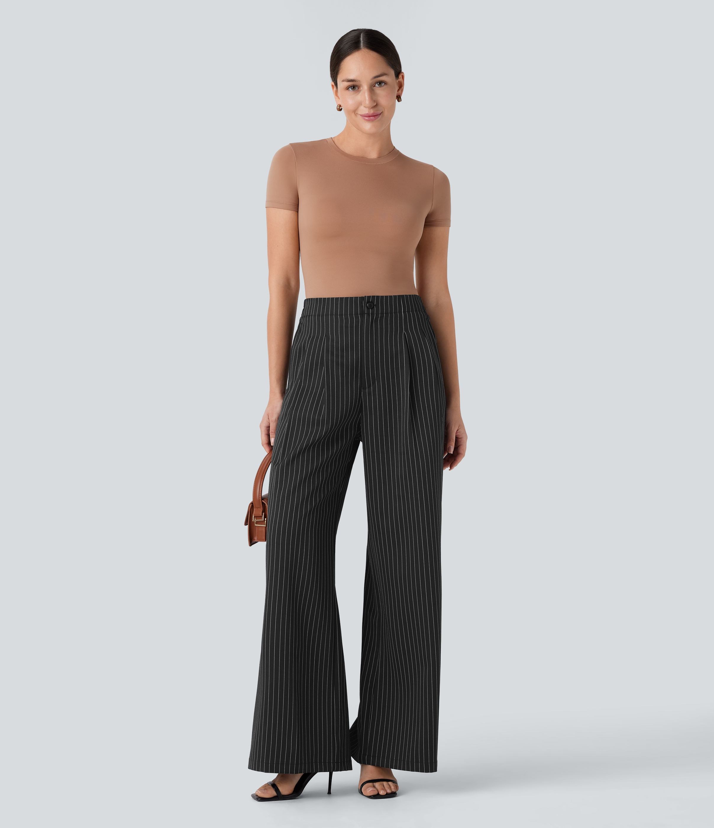Halara High Waisted Side Pockets Stripe Wide Leg Work Pants  - Black White Pinstripe - M(regular) sweatpants jogger pants stacked sweatpants 