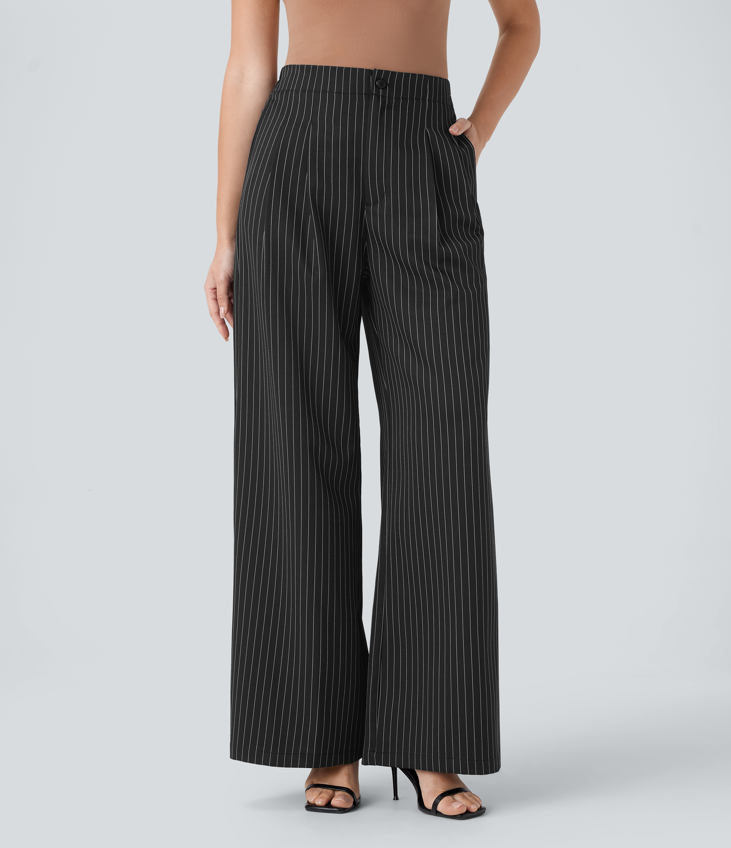 Halara High Waisted Side Pockets Stripe Wide Leg Work Pants  - Black White Pinstripe - M(regular) sweatpants jogger pants stacked sweatpants 