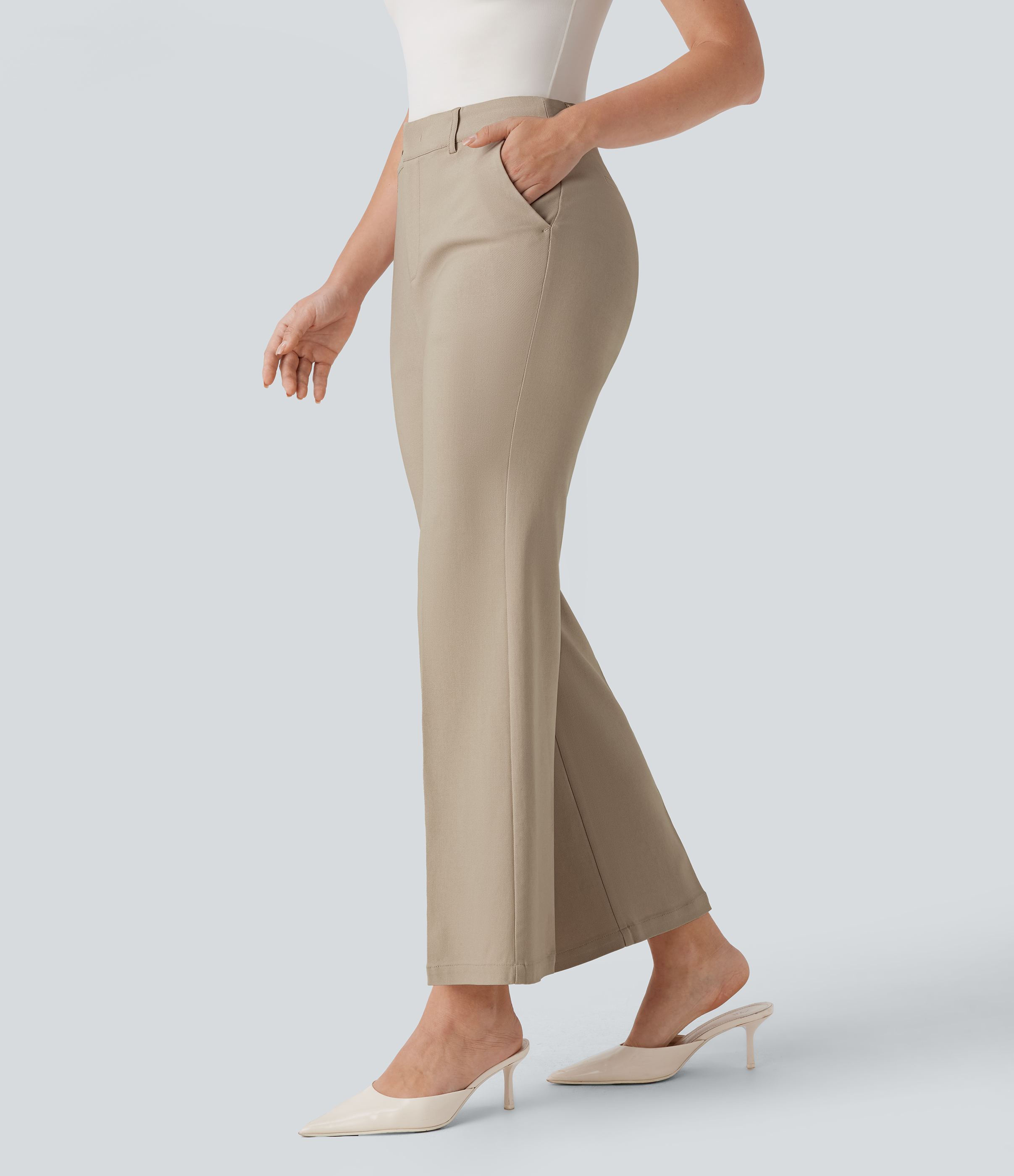 Halara High Waisted Side Pocket Ankle Length Work Flare Pants  - Humus - S(regular) sweatpants jogger pants stacked sweatpants cargo joggers 