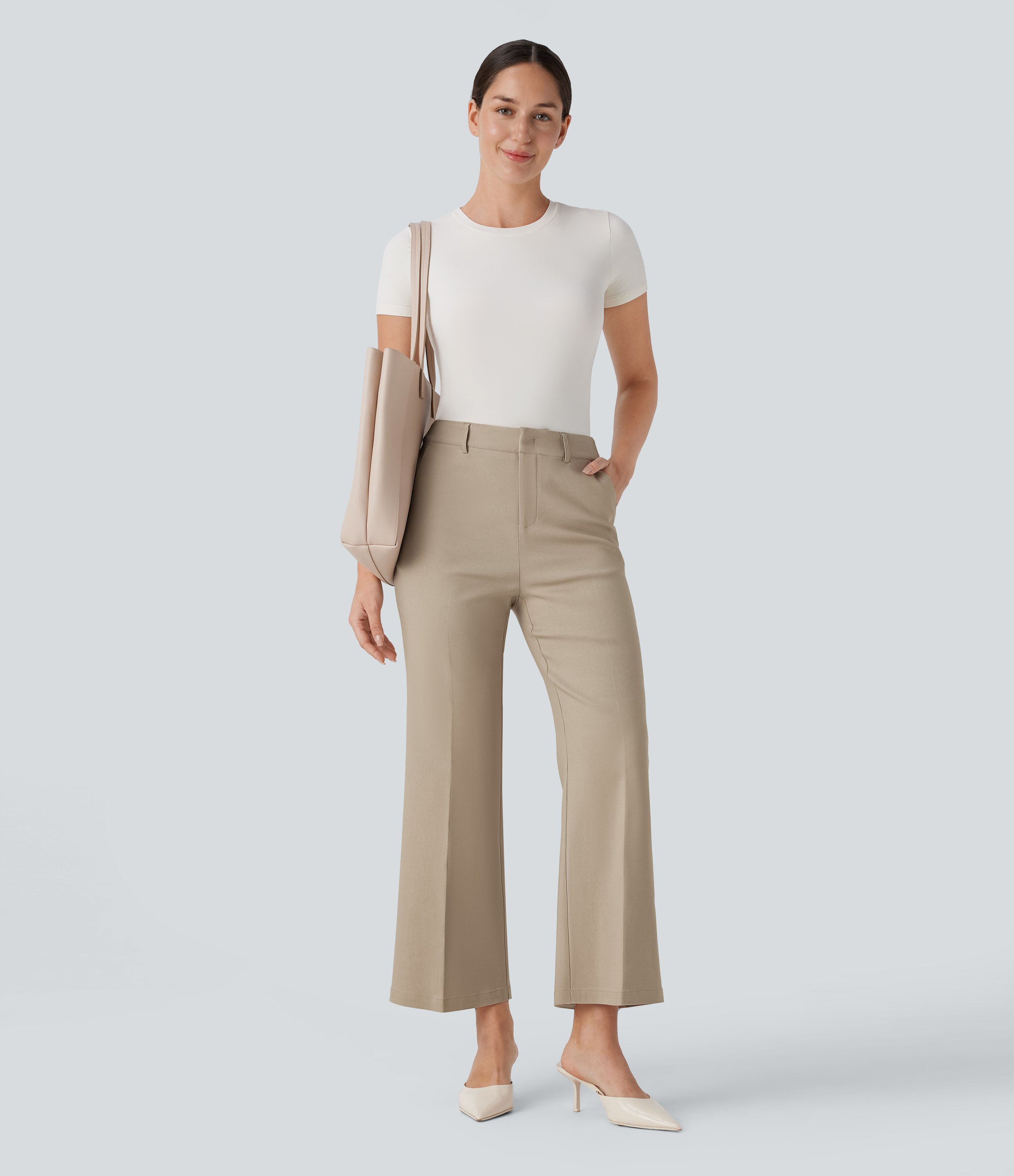 Halara High Waisted Side Pocket Ankle Length Work Flare Pants  - Humus - S(regular) sweatpants jogger pants stacked sweatpants cargo joggers 