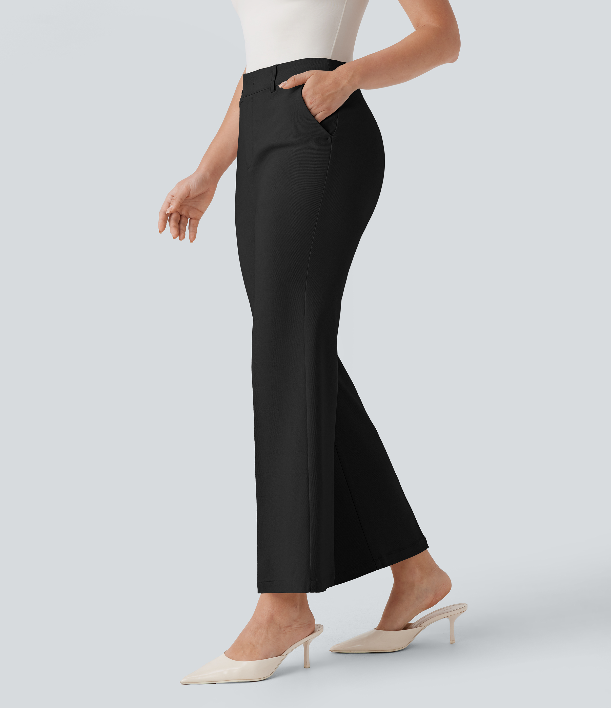 Halara High Waisted Side Pocket Ankle Length Work Flare Pants  - Black - L(regular) sweatpants jogger pants stacked sweatpants cargo joggers 