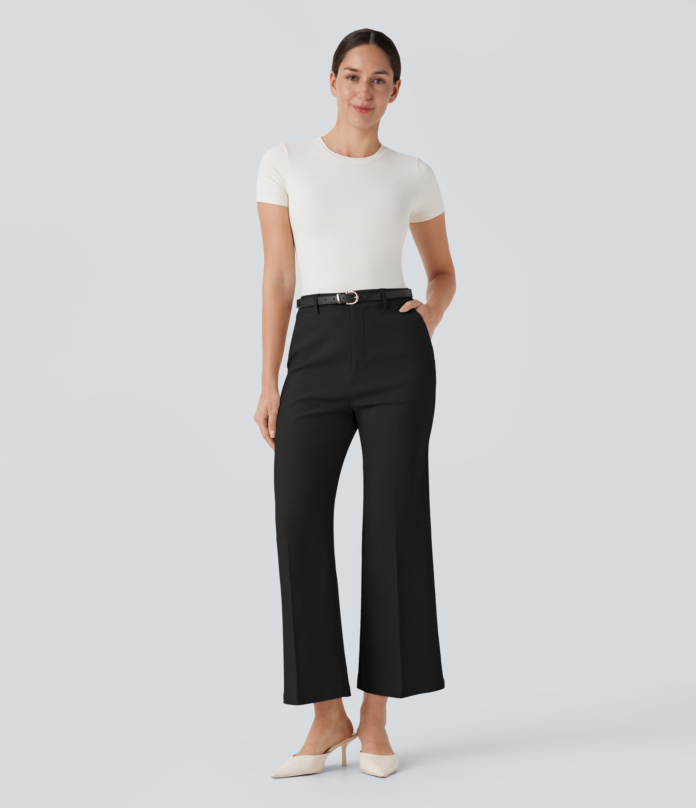 Halara High Waisted Side Pocket Ankle Length Work Flare Pants  - Black - L(regular) sweatpants jogger pants stacked sweatpants cargo joggers 