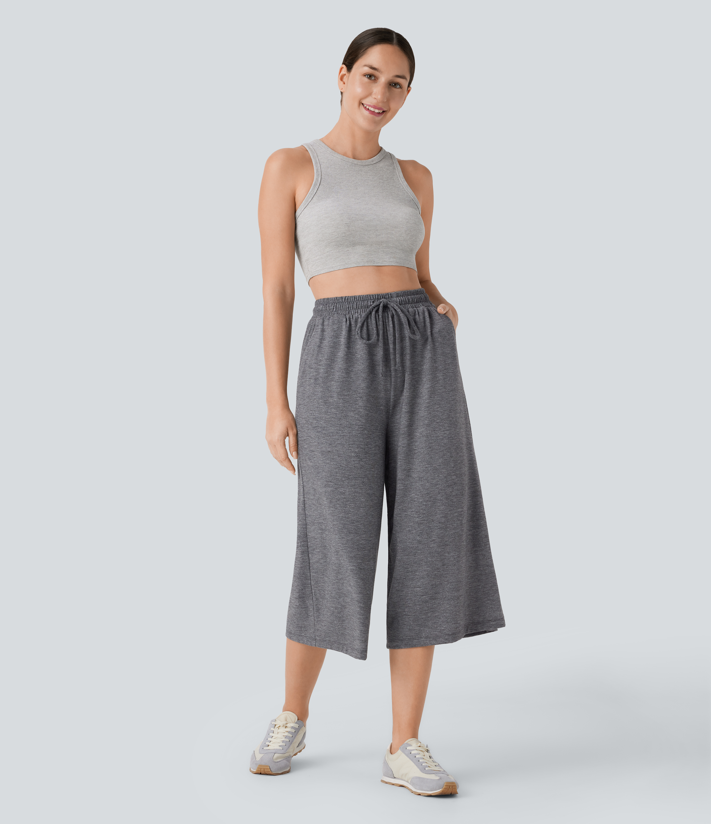 Halara High Waisted Drawstring Side Pocket Wide Leg Capri Casual Pants  - Darl Gray Floral Yarn - XS(regular) sweatpants jogger pants 