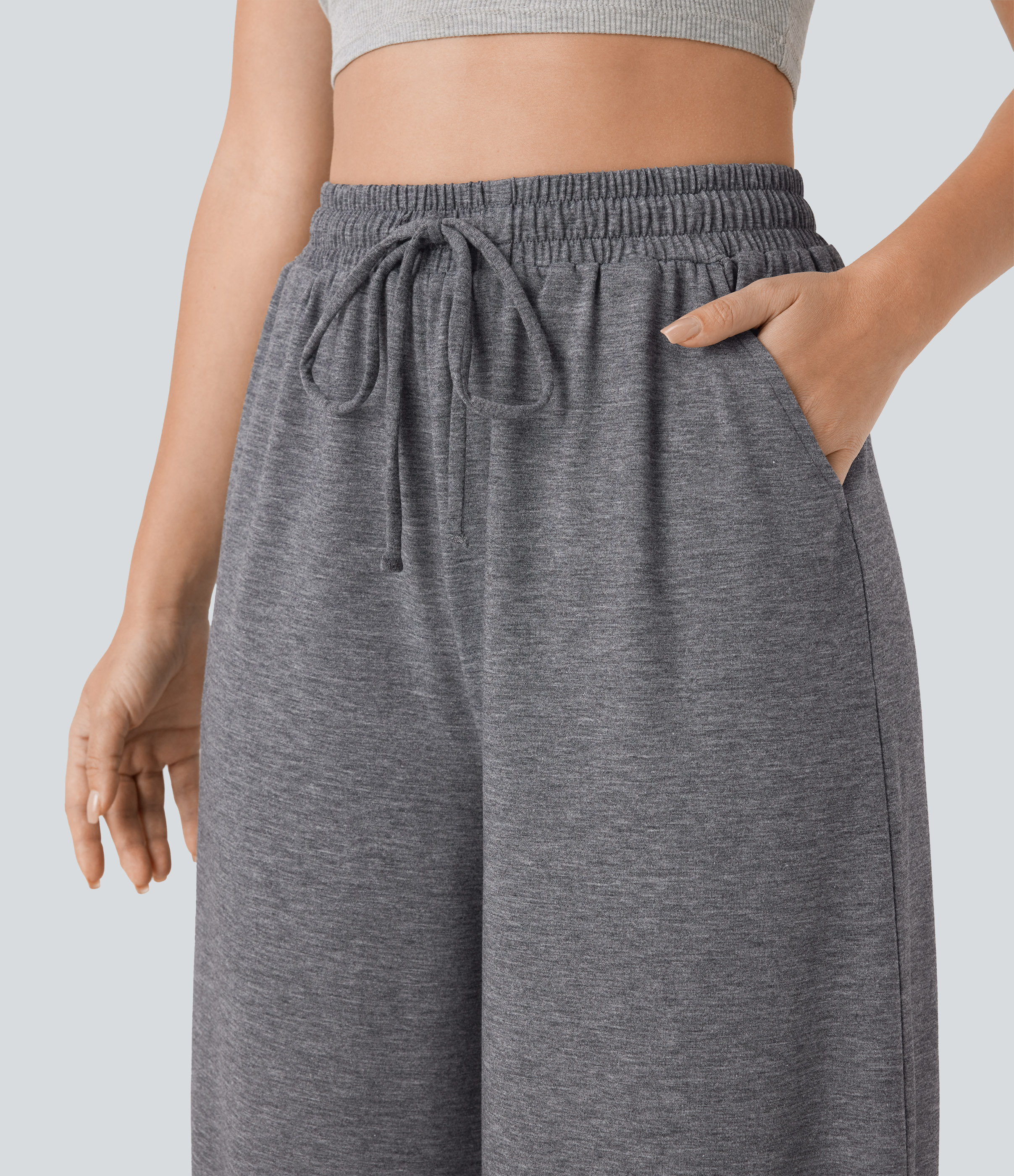 Halara High Waisted Drawstring Side Pocket Wide Leg Capri Casual Pants  - Darl Gray Floral Yarn - XS(regular) sweatpants jogger pants 