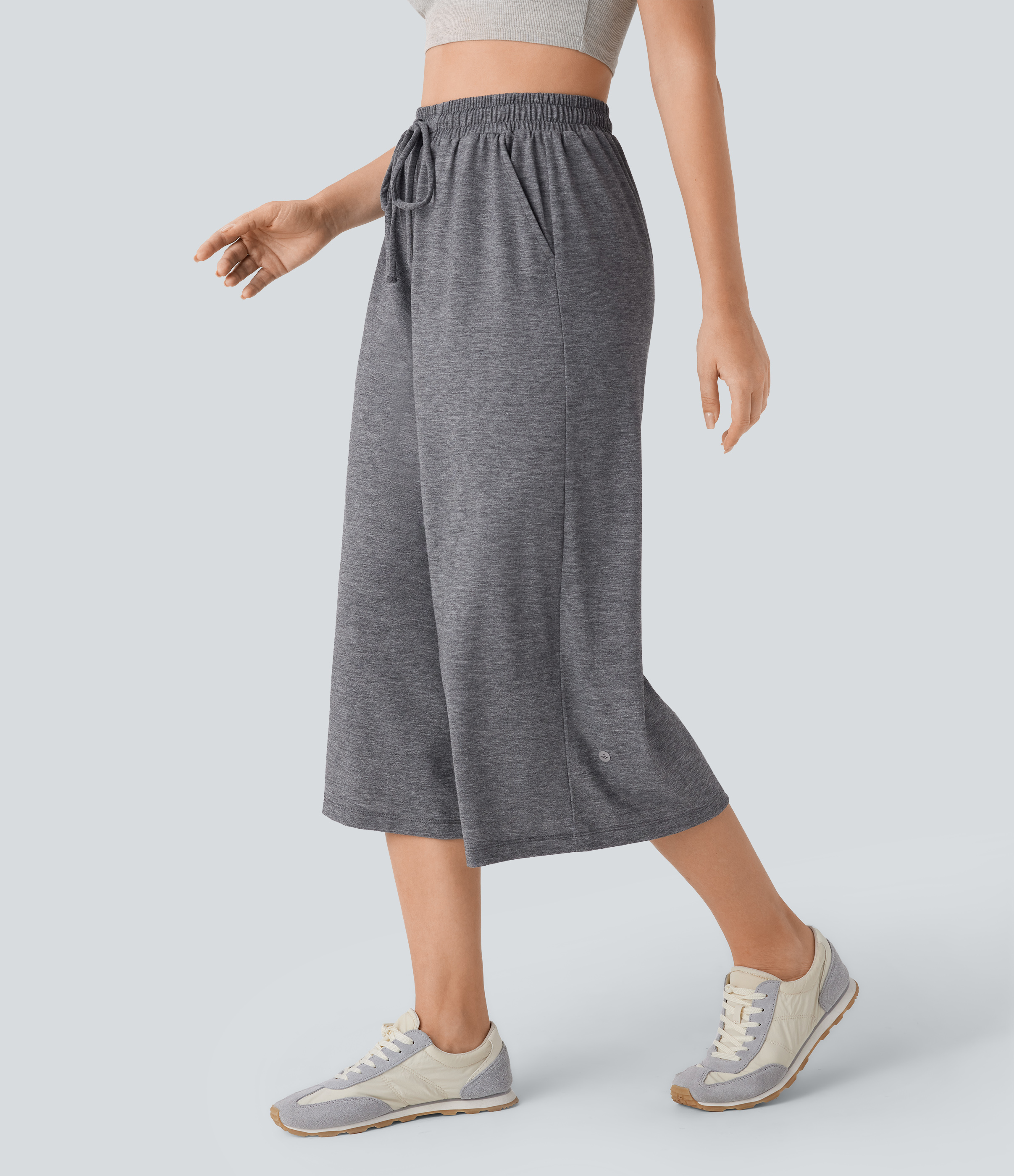 Halara High Waisted Drawstring Side Pocket Wide Leg Capri Casual Pants  - Darl Gray Floral Yarn - XS(regular) sweatpants jogger pants 