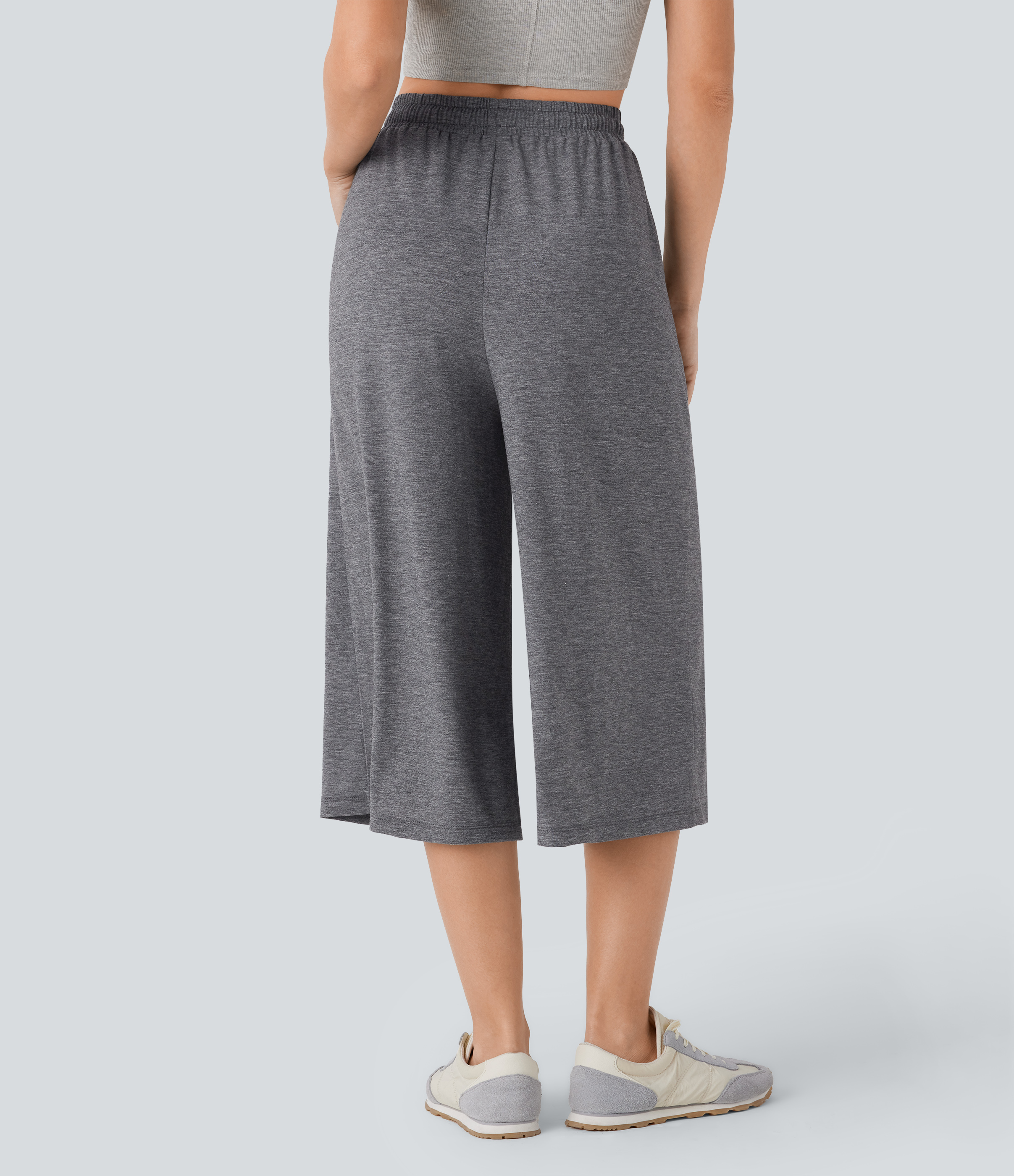 Halara High Waisted Drawstring Side Pocket Wide Leg Capri Casual Pants  - Darl Gray Floral Yarn - XS(regular) sweatpants jogger pants 