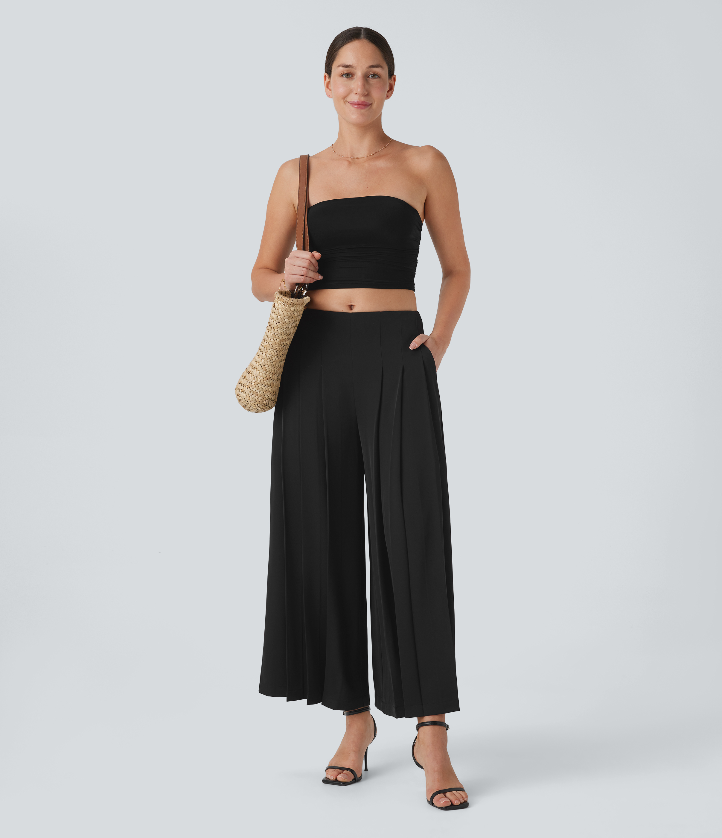 Halara Mid Low Rise Side Pocket Invisible Zipper Pleated Flowy Wide Leg Resort Pants  - Black - S(regular) sweatpants jogger pants 