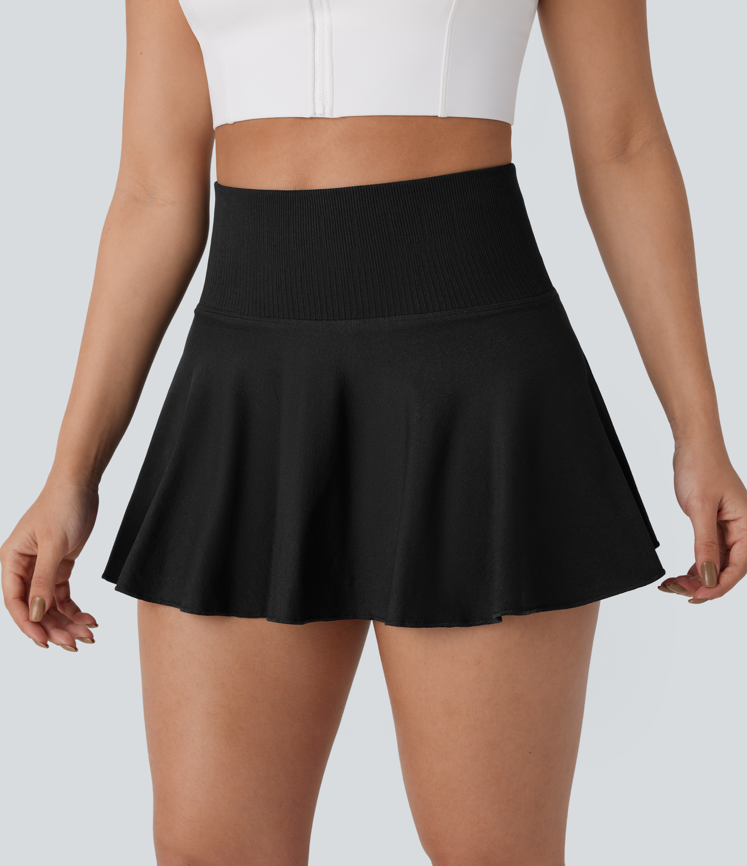 Halara Seamless Flow High Waisted 2-in-1 Flare Mini Yoga Skirt  - Black - XL(regular) midi skirt a line skirt golfing skirt 